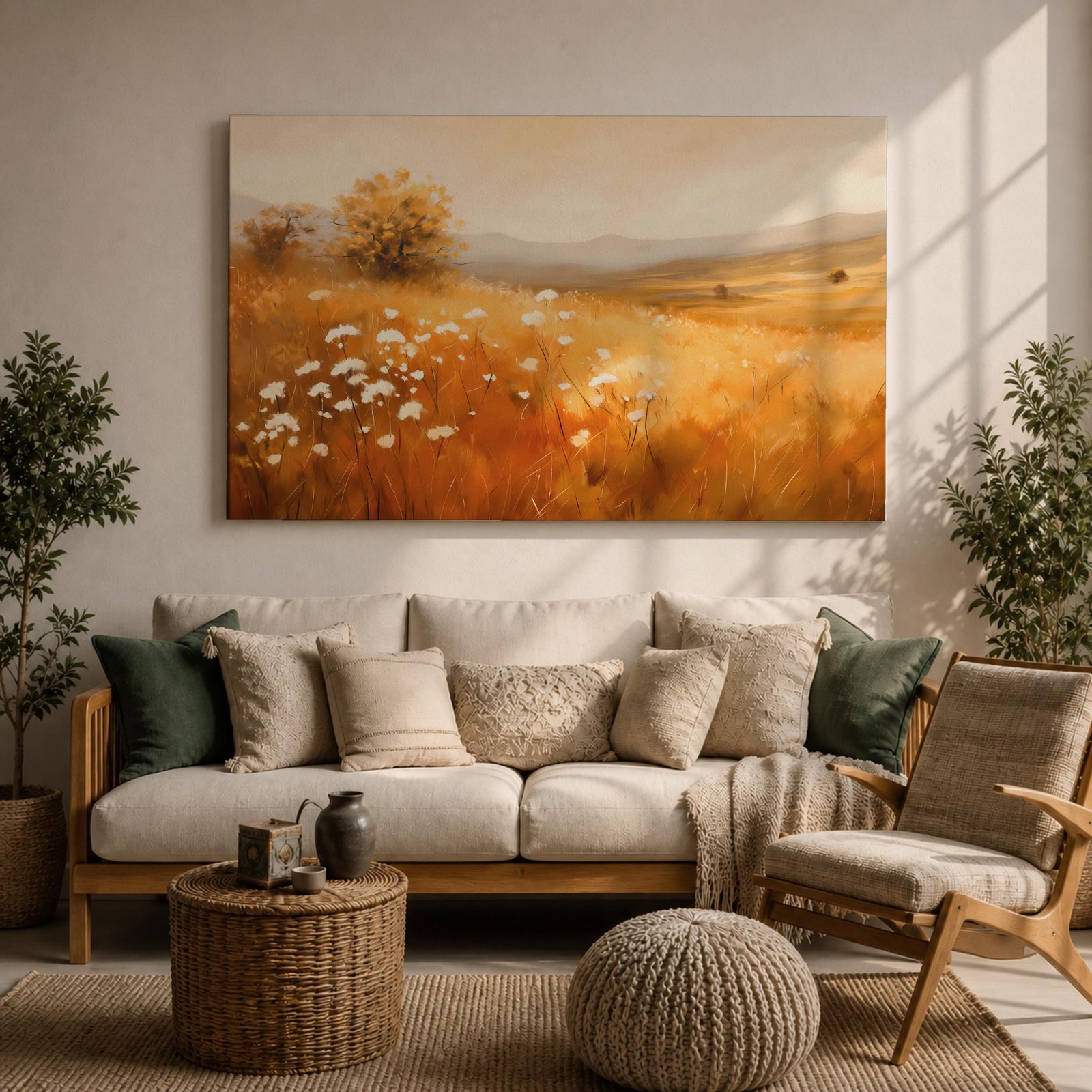 Wildflower Landscape Wall Art Golden Meadow Framed Canvas Rustic Farmhouse Home Decor