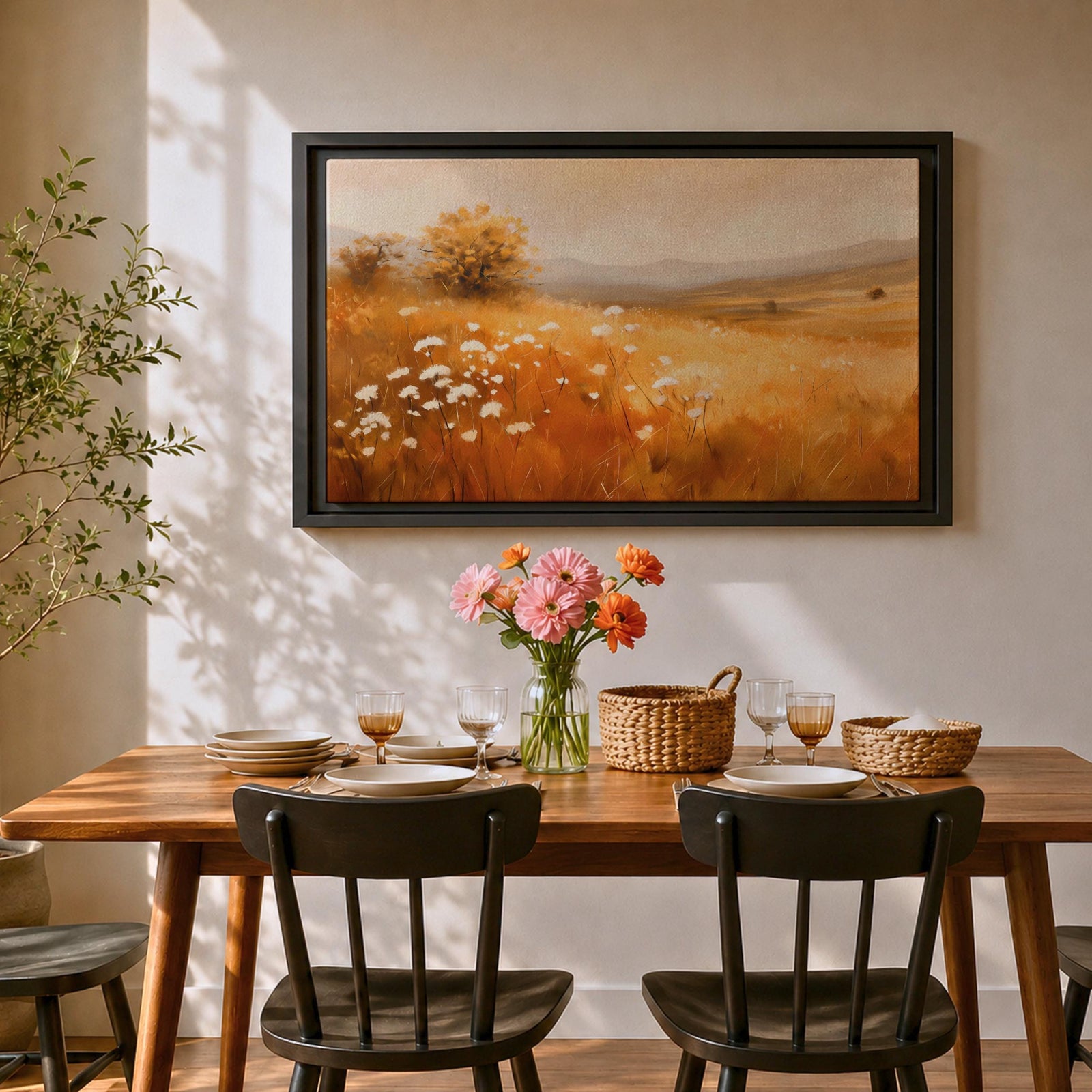Wildflower Landscape Wall Art Golden Meadow Framed Canvas Rustic Farmhouse Home Decor