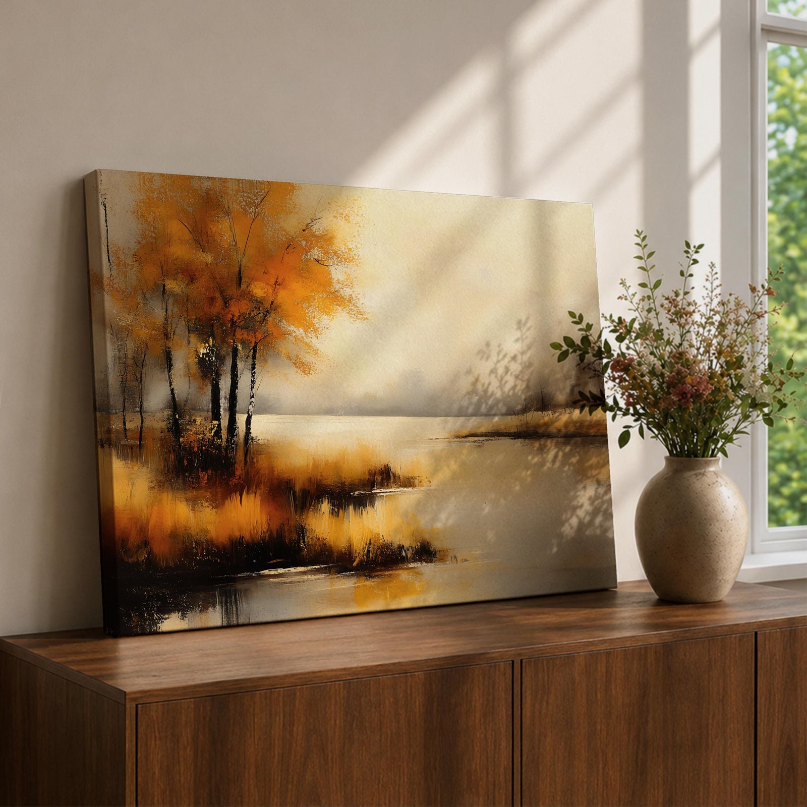 Autumn Landscape Wall Art Lakeside Framed Canvas Rustic Cabin Farmhouse Home Decor