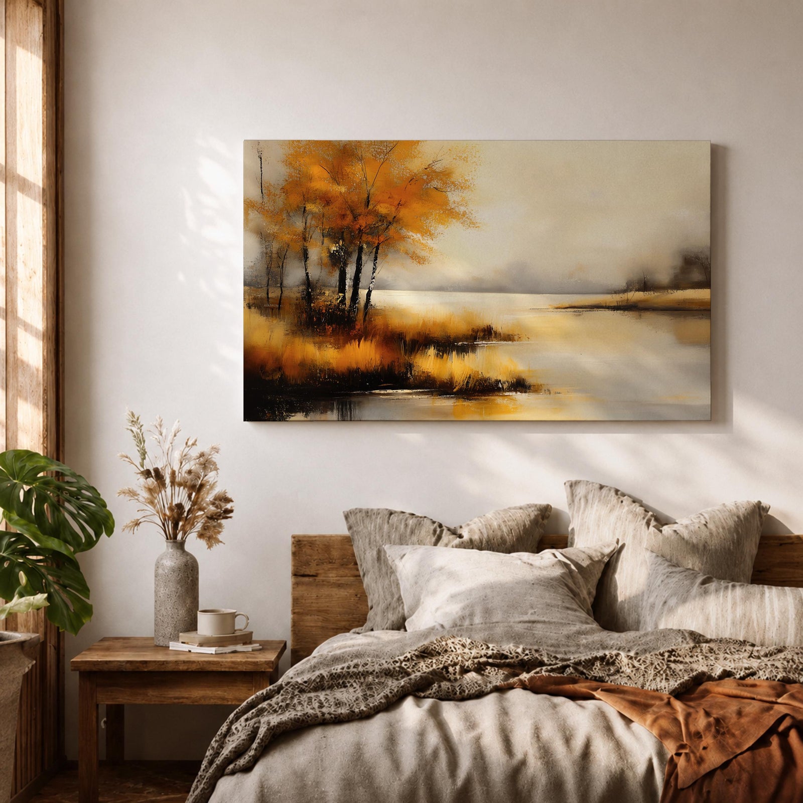 Autumn Landscape Wall Art Lakeside Framed Canvas Rustic Cabin Farmhouse Home Decor