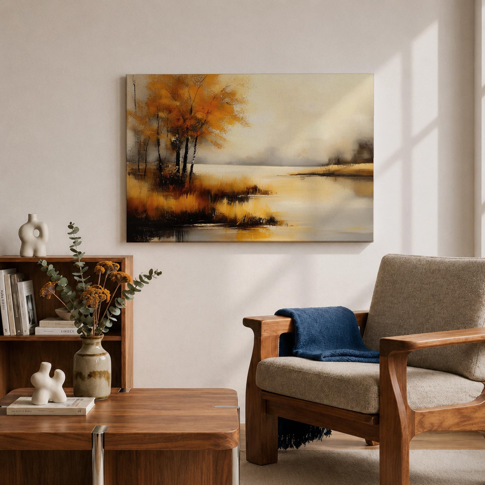 Autumn Landscape Wall Art Lakeside Framed Canvas Rustic Cabin Farmhouse Home Decor