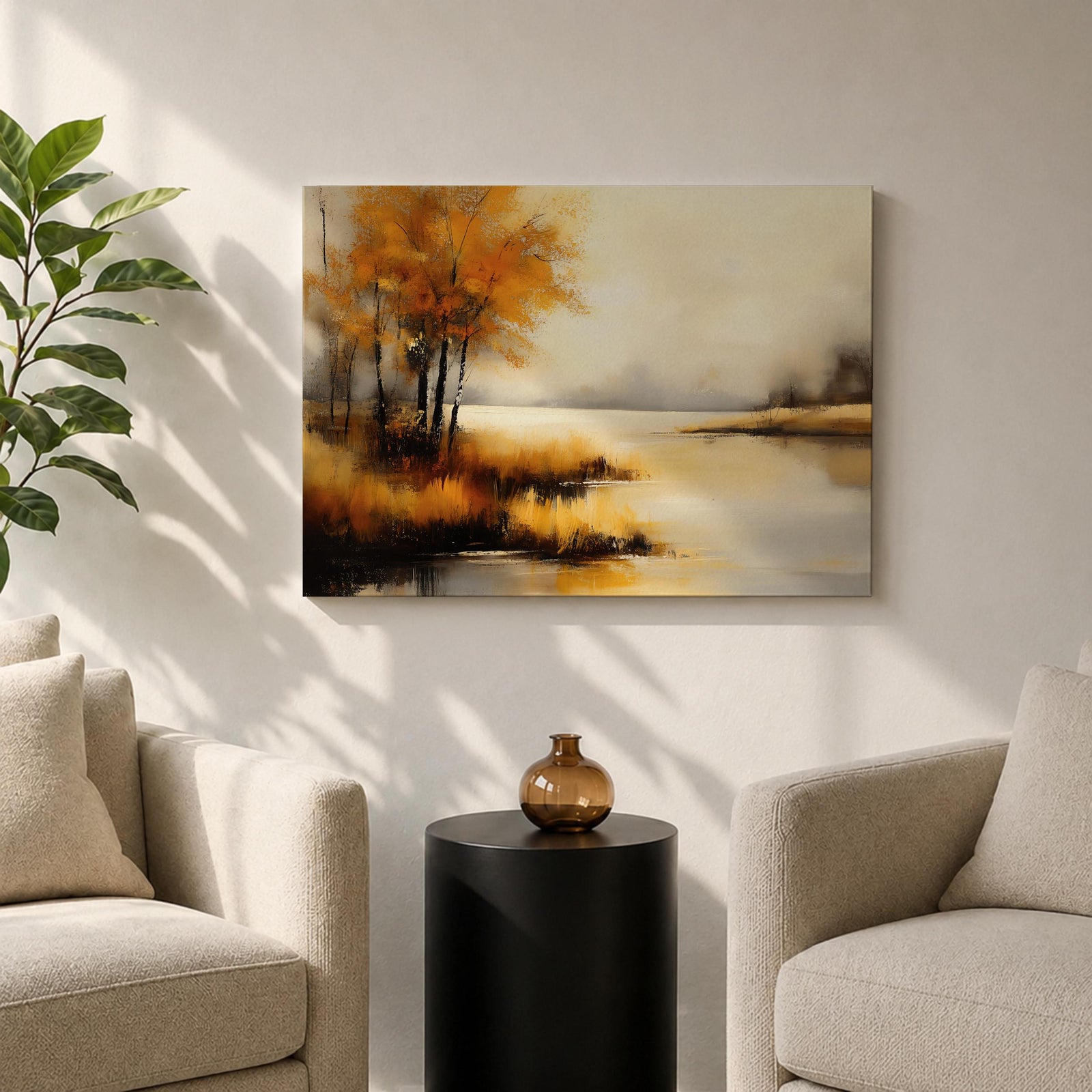 Autumn Landscape Wall Art Lakeside Framed Canvas Rustic Cabin Farmhouse Home Decor