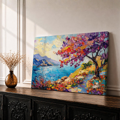 Coastal Blossom Wall Art Bougainvillea Framed Canvas Botanical Seaside Impasto Living Room Decor