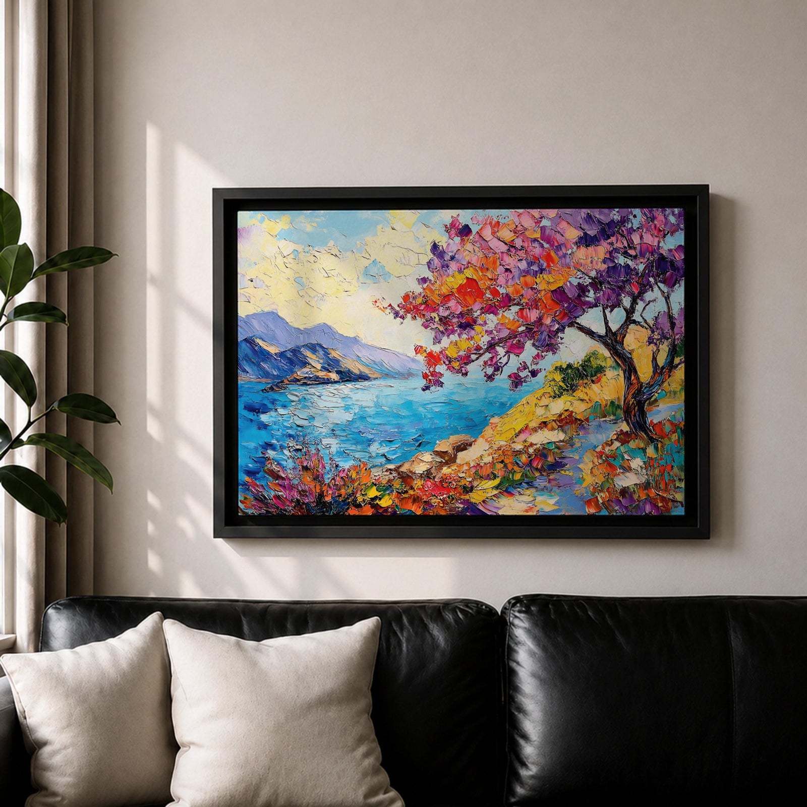 Coastal Blossom Wall Art Bougainvillea Framed Canvas Botanical Seaside Impasto Living Room Decor