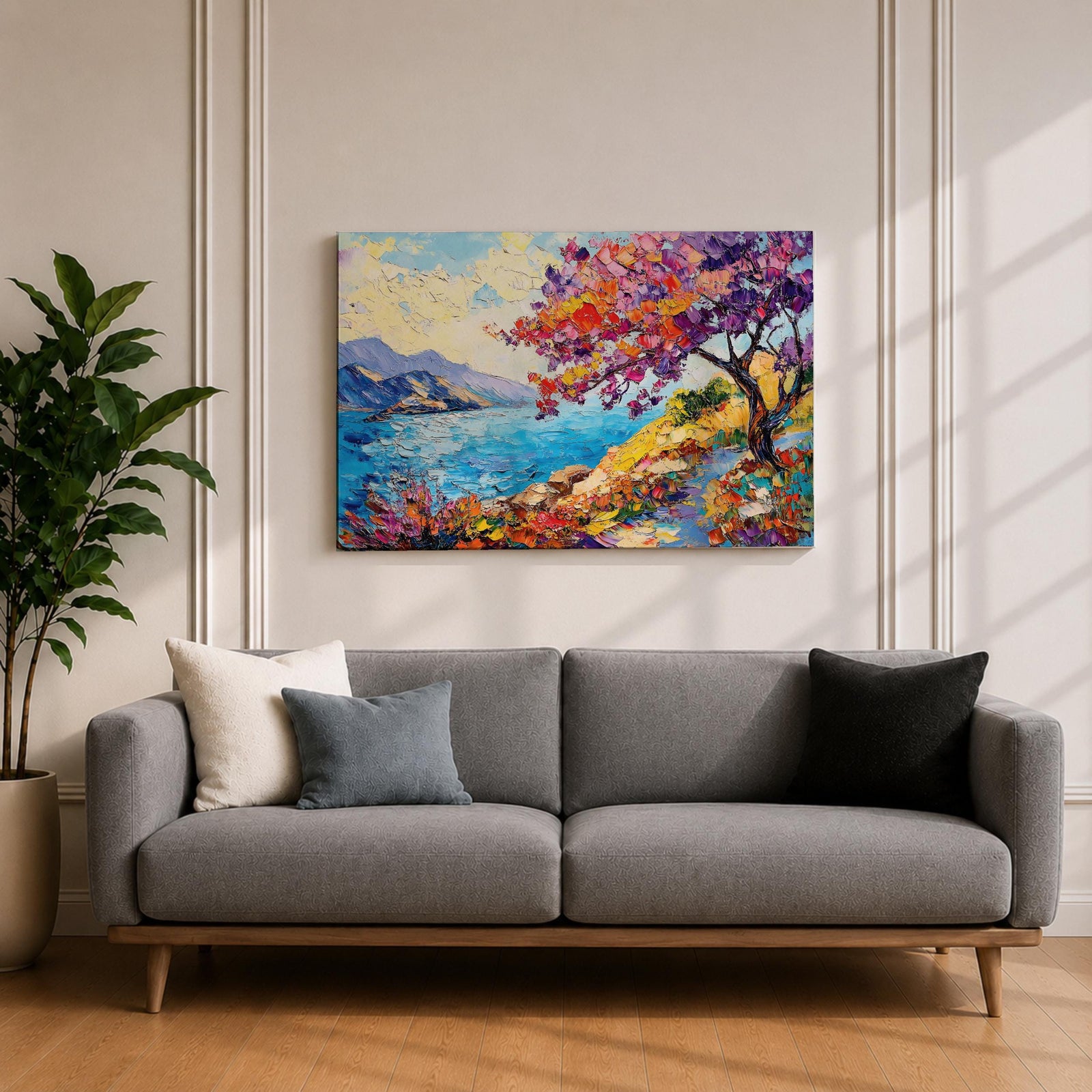 Coastal Blossom Wall Art Bougainvillea Framed Canvas Botanical Seaside Impasto Living Room Decor