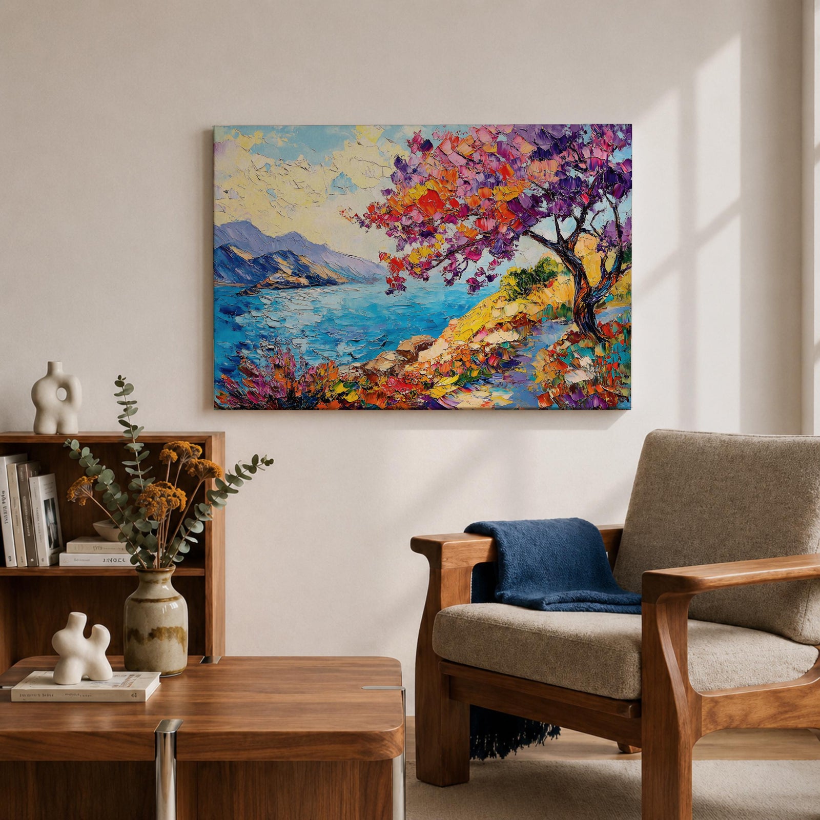 Coastal Blossom Wall Art Bougainvillea Framed Canvas Botanical Seaside Impasto Living Room Decor
