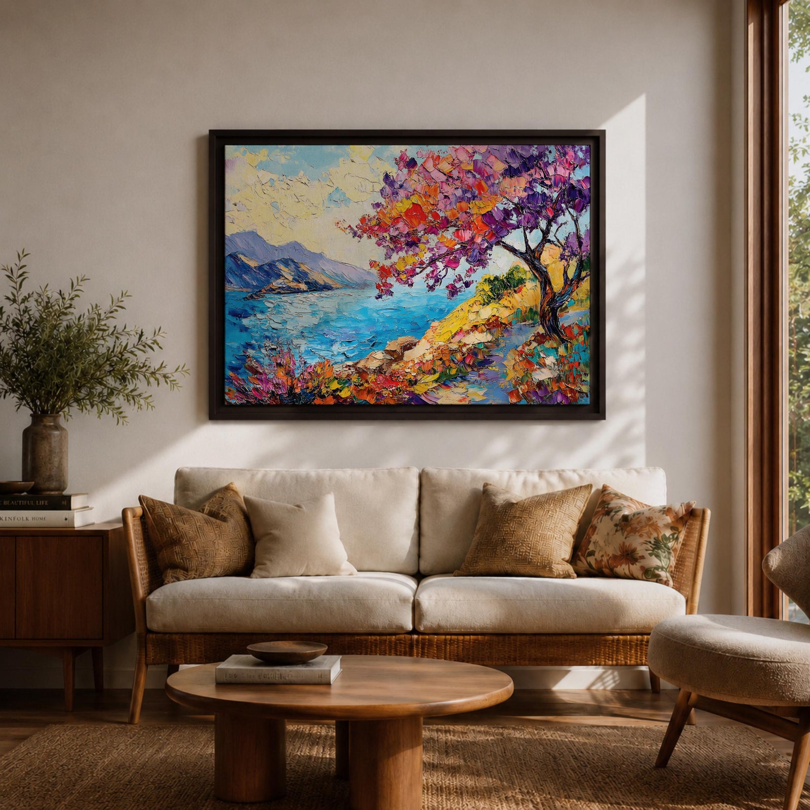 Coastal Blossom Wall Art Bougainvillea Framed Canvas Botanical Seaside Impasto Living Room Decor