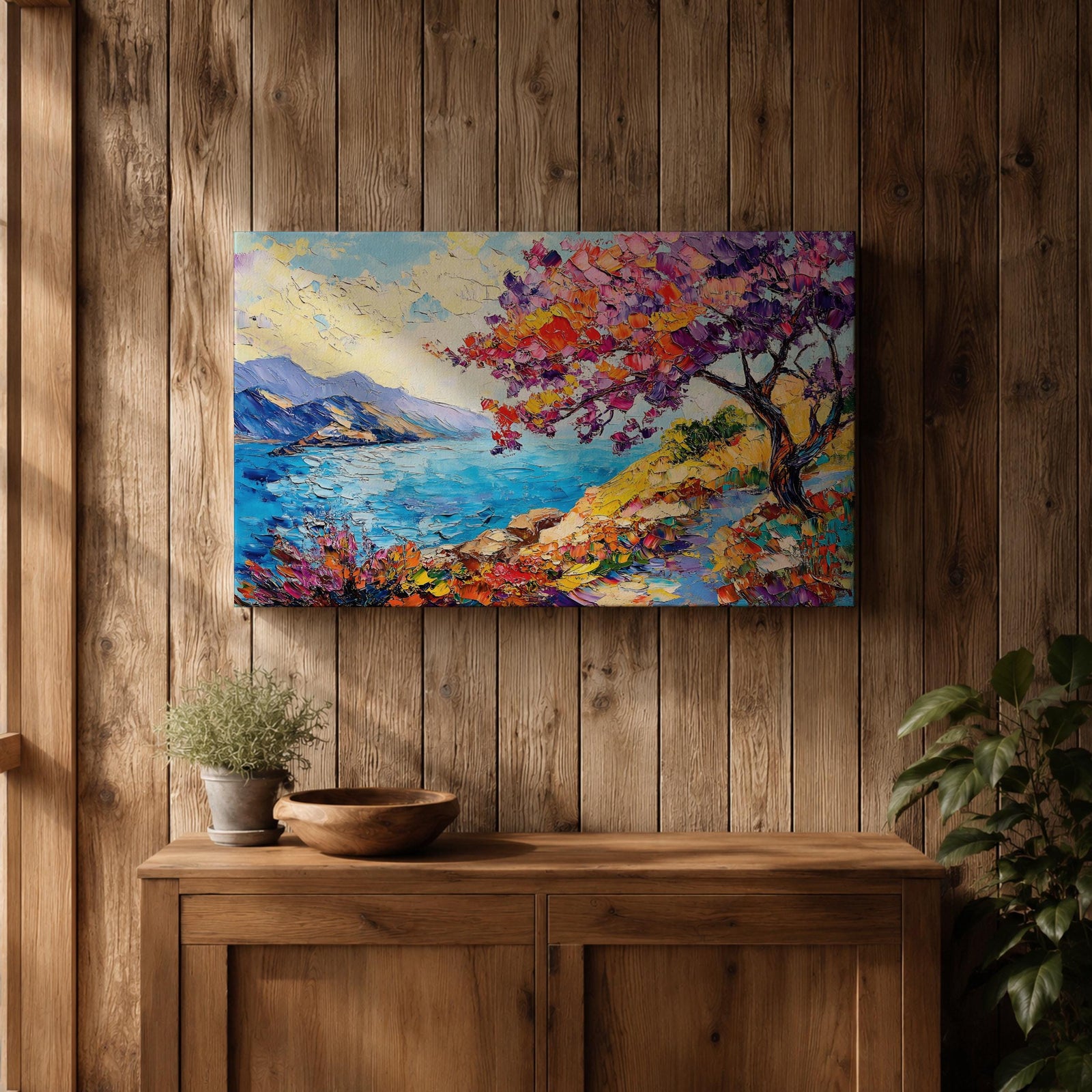 Coastal Blossom Wall Art Bougainvillea Framed Canvas Botanical Seaside Impasto Living Room Decor