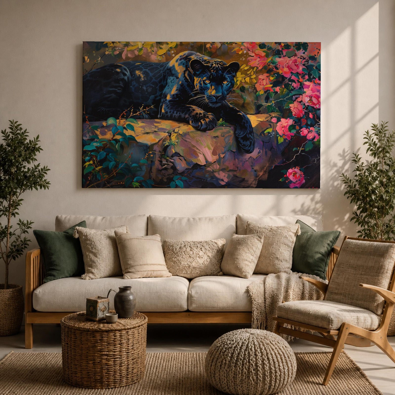 Black Panther Wall Art Melanistic Leopard Framed Canvas Jungle Wildlife Impasto Exotic Home Decor