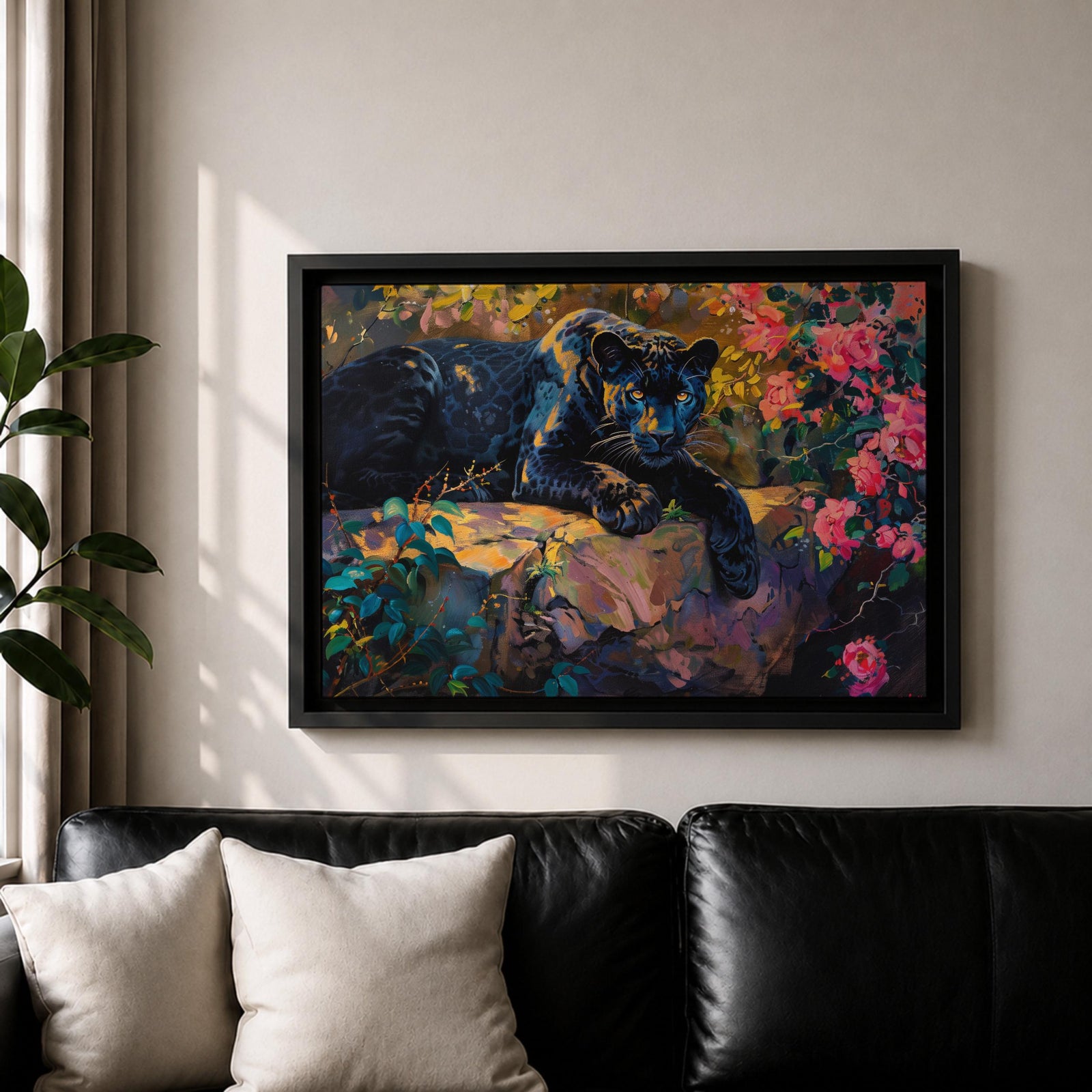 Black Panther Wall Art Melanistic Leopard Framed Canvas Jungle Wildlife Impasto Exotic Home Decor