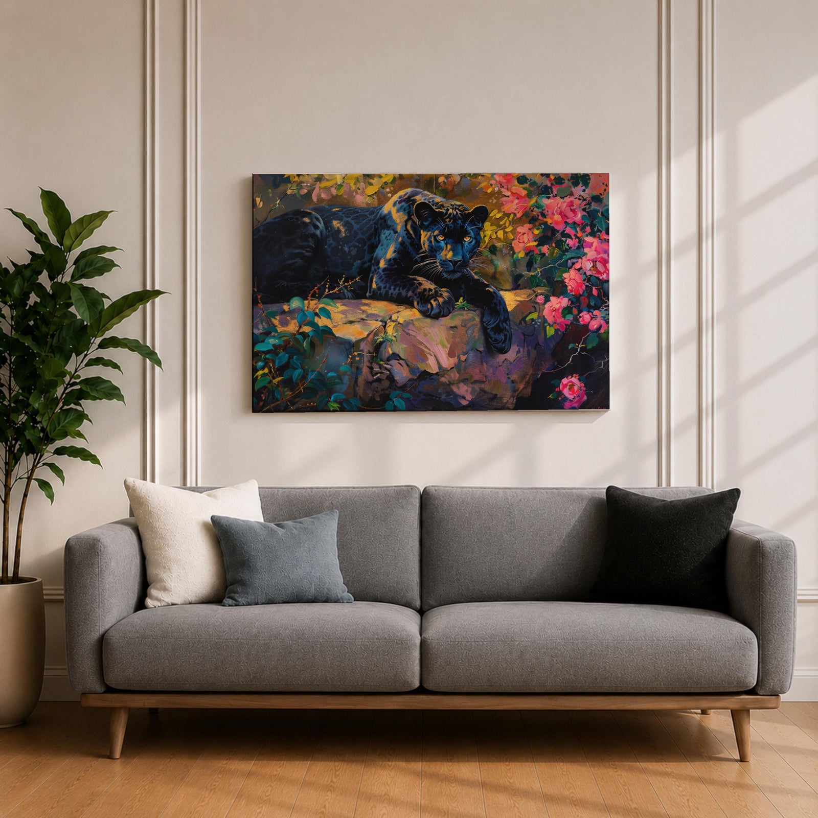 Black Panther Wall Art Melanistic Leopard Framed Canvas Jungle Wildlife Impasto Exotic Home Decor