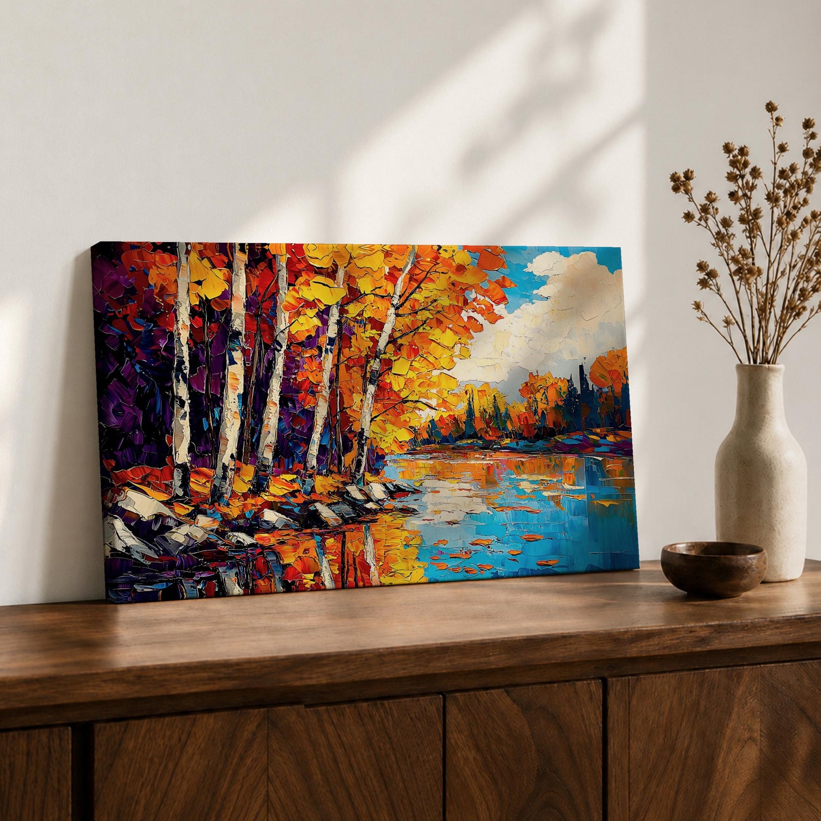 Birch Forest Wall Art Aspen Grove Framed Canvas Autumn River Landscape Impasto Home Decor