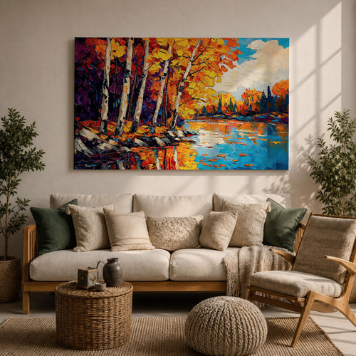 Birch Forest Wall Art Aspen Grove Framed Canvas Autumn River Landscape Impasto Home Decor
