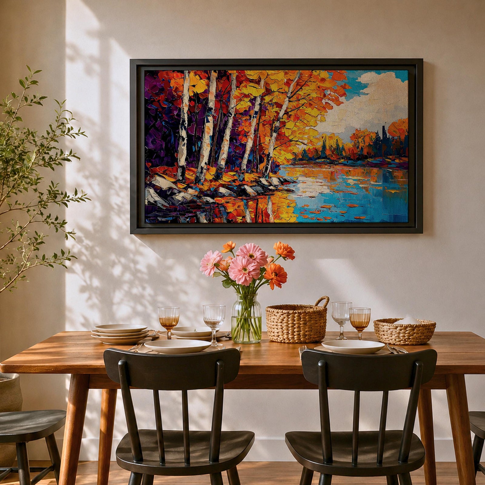 Birch Forest Wall Art Aspen Grove Framed Canvas Autumn River Landscape Impasto Home Decor