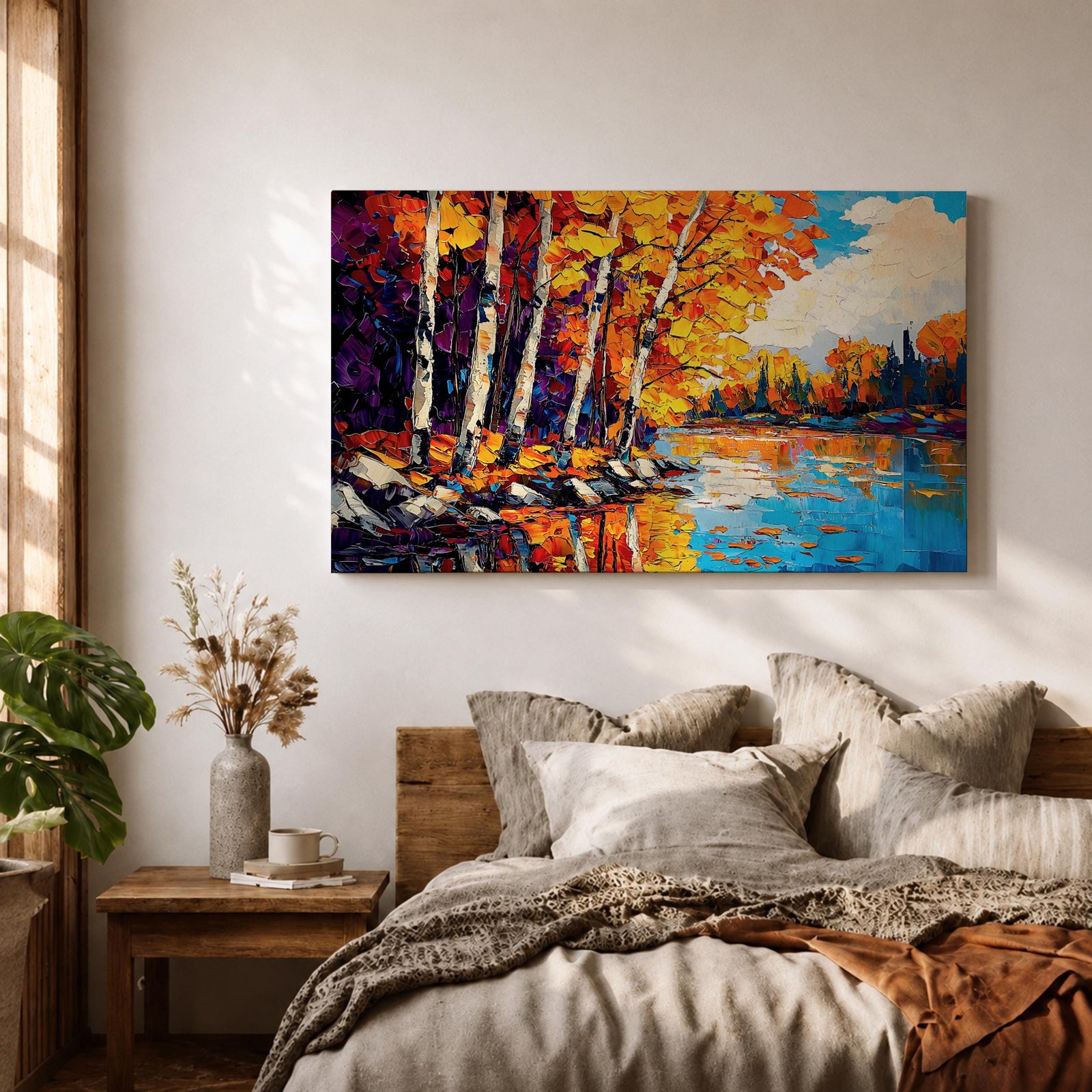 Birch Forest Wall Art Aspen Grove Framed Canvas Autumn River Landscape Impasto Home Decor