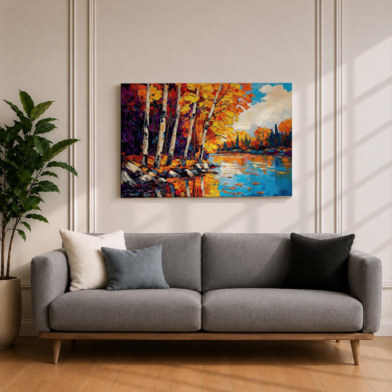 Birch Forest Wall Art Aspen Grove Framed Canvas Autumn River Landscape Impasto Home Decor