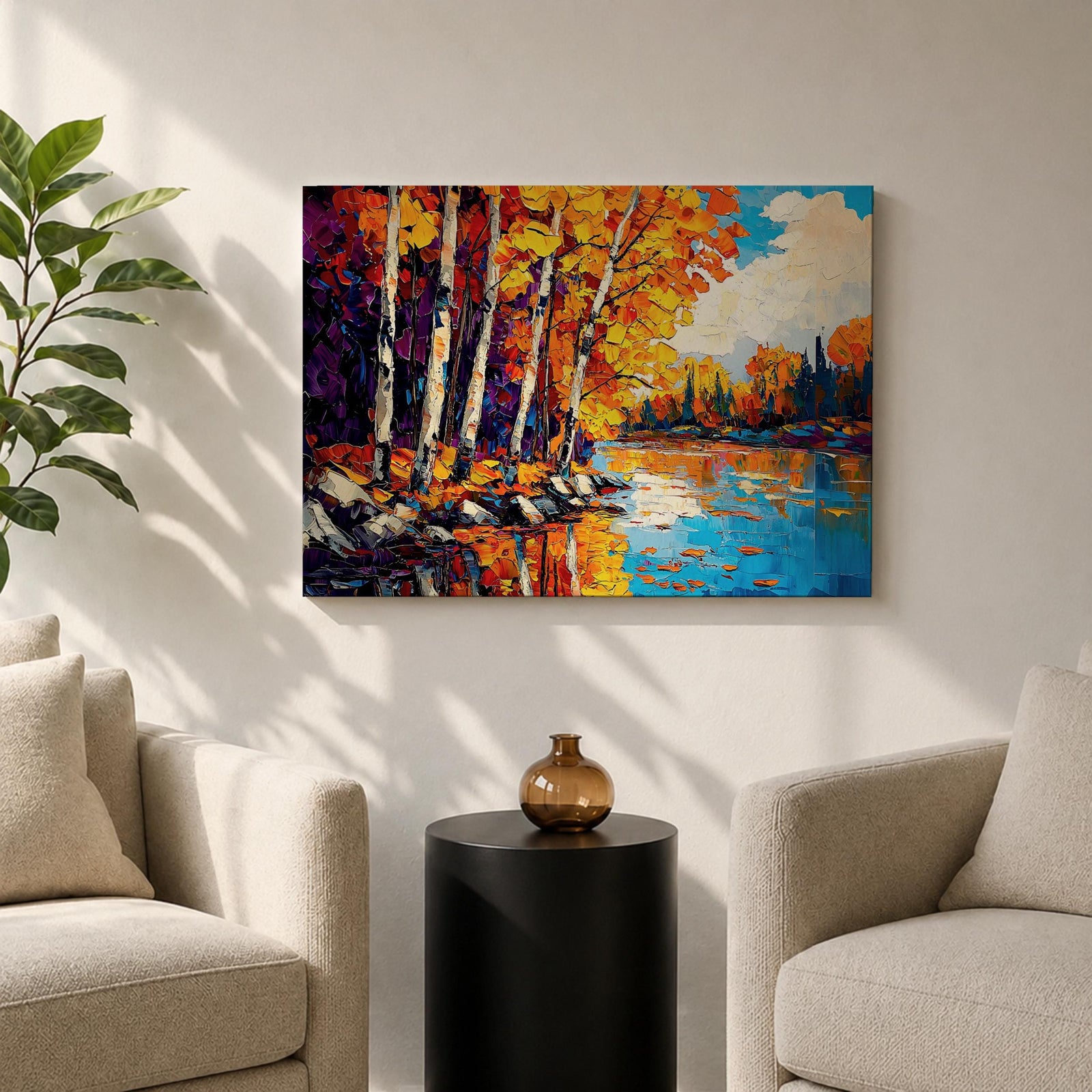 Birch Forest Wall Art Aspen Grove Framed Canvas Autumn River Landscape Impasto Home Decor