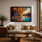Birch Forest Wall Art Aspen Grove Framed Canvas Autumn River Landscape Impasto Home Decor