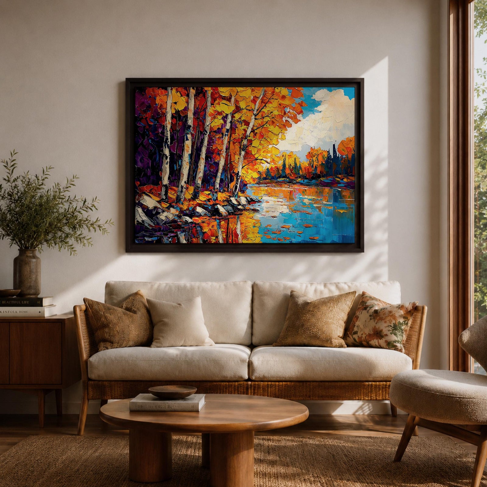 Birch Forest Wall Art Aspen Grove Framed Canvas Autumn River Landscape Impasto Home Decor