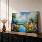 Spring River Wall Art Floral Landscape Framed Canvas Meadow Impasto Rustic Home Decor