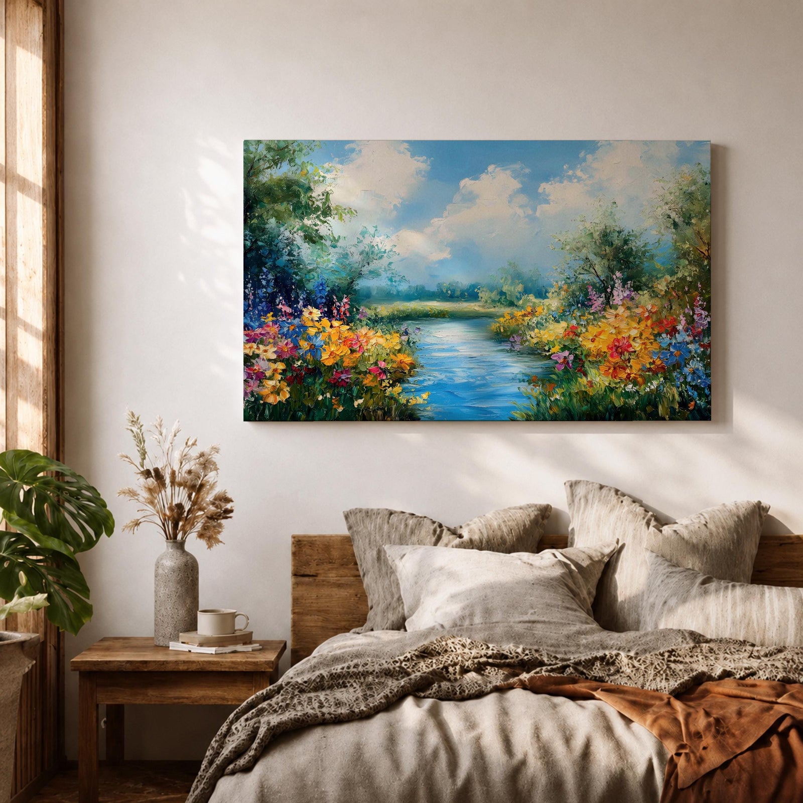 Spring River Wall Art Floral Landscape Framed Canvas Meadow Impasto Rustic Home Decor