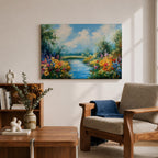Spring River Wall Art Floral Landscape Framed Canvas Meadow Impasto Rustic Home Decor