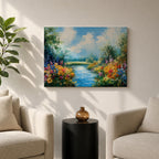 Spring River Wall Art Floral Landscape Framed Canvas Meadow Impasto Rustic Home Decor