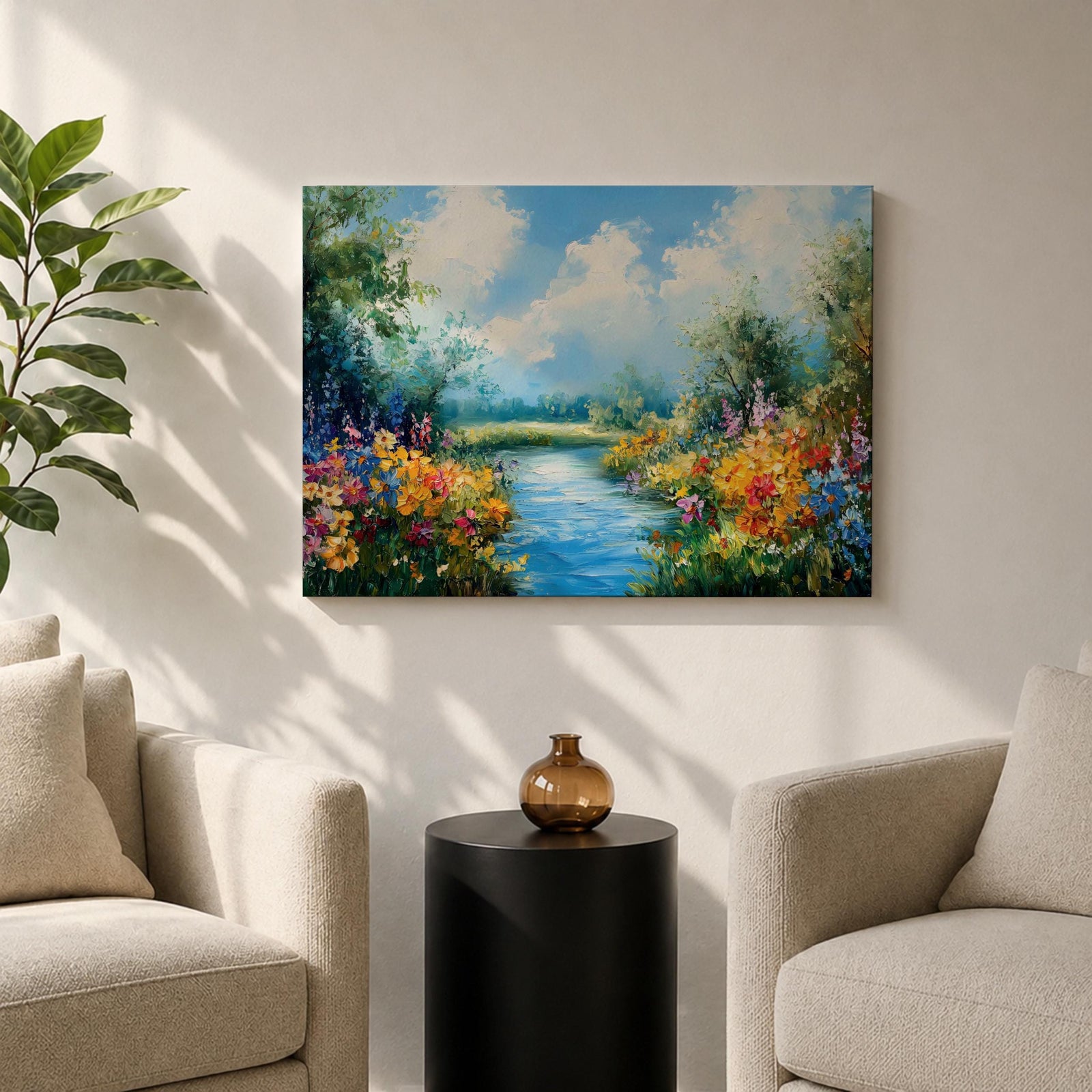 Spring River Wall Art Floral Landscape Framed Canvas Meadow Impasto Rustic Home Decor