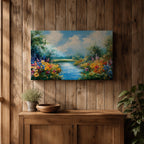 Spring River Wall Art Floral Landscape Framed Canvas Meadow Impasto Rustic Home Decor