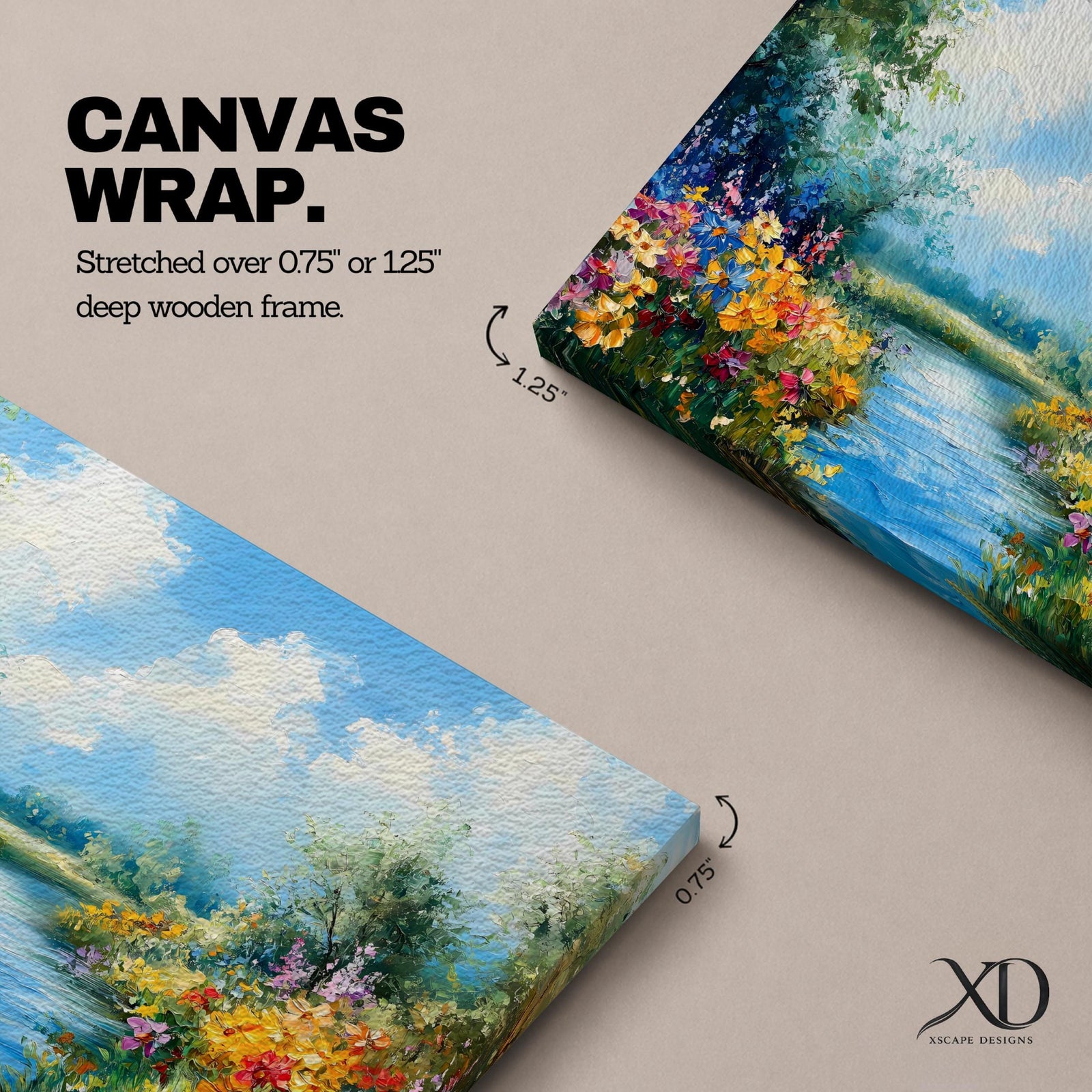 Spring River Wall Art Floral Landscape Framed Canvas Meadow Impasto Rustic Home Decor