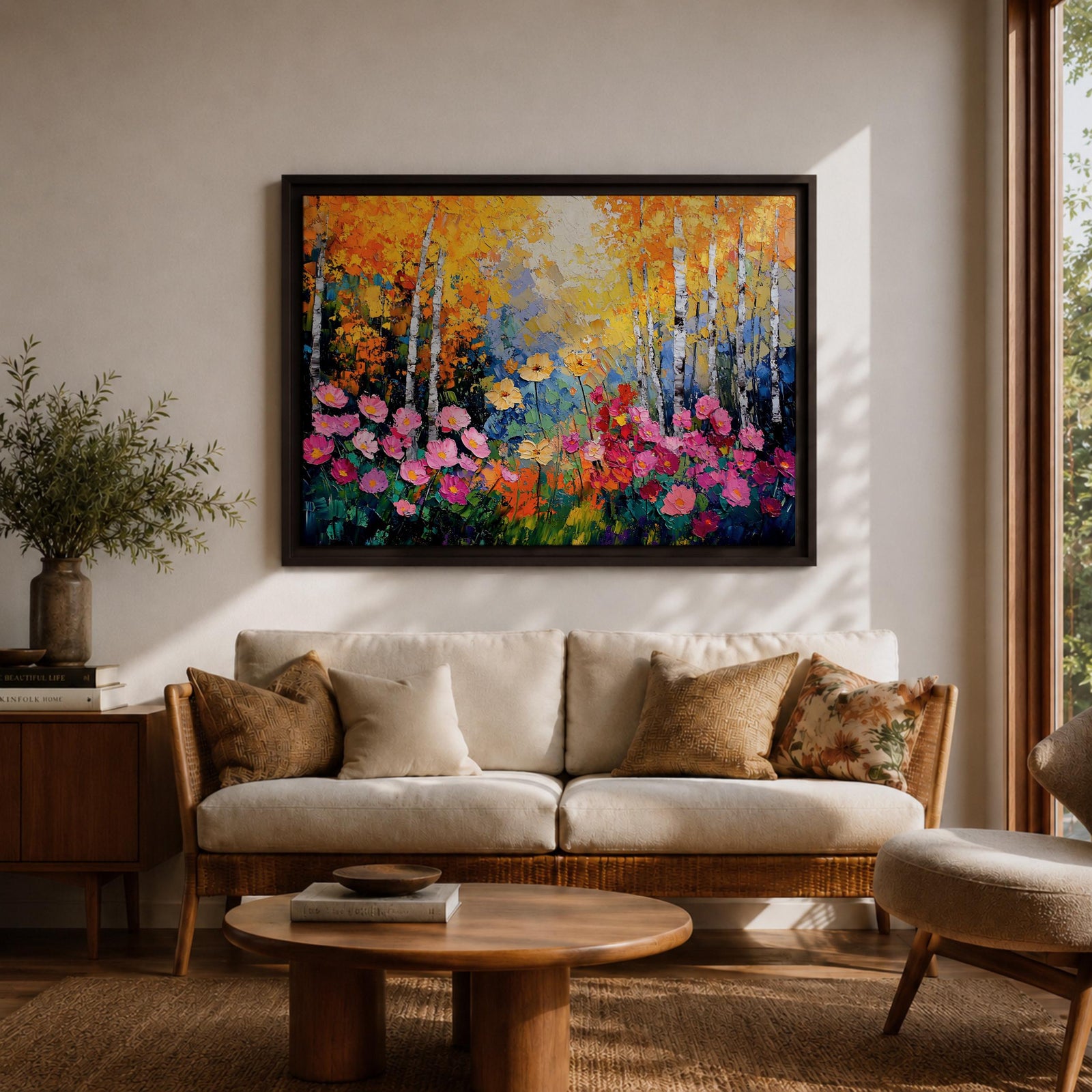 Birch Tree Wall Art Flowering Forest Framed Canvas Floral Landscape Rustic Home Decor