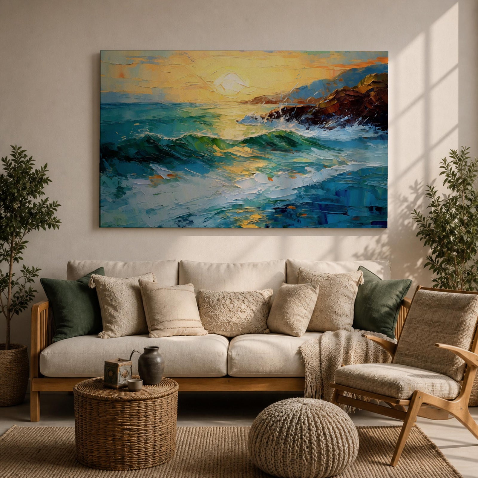 Ocean Sunrise Wall Art Seascape Framed Canvas Coastal Impasto Living Room Home Decor