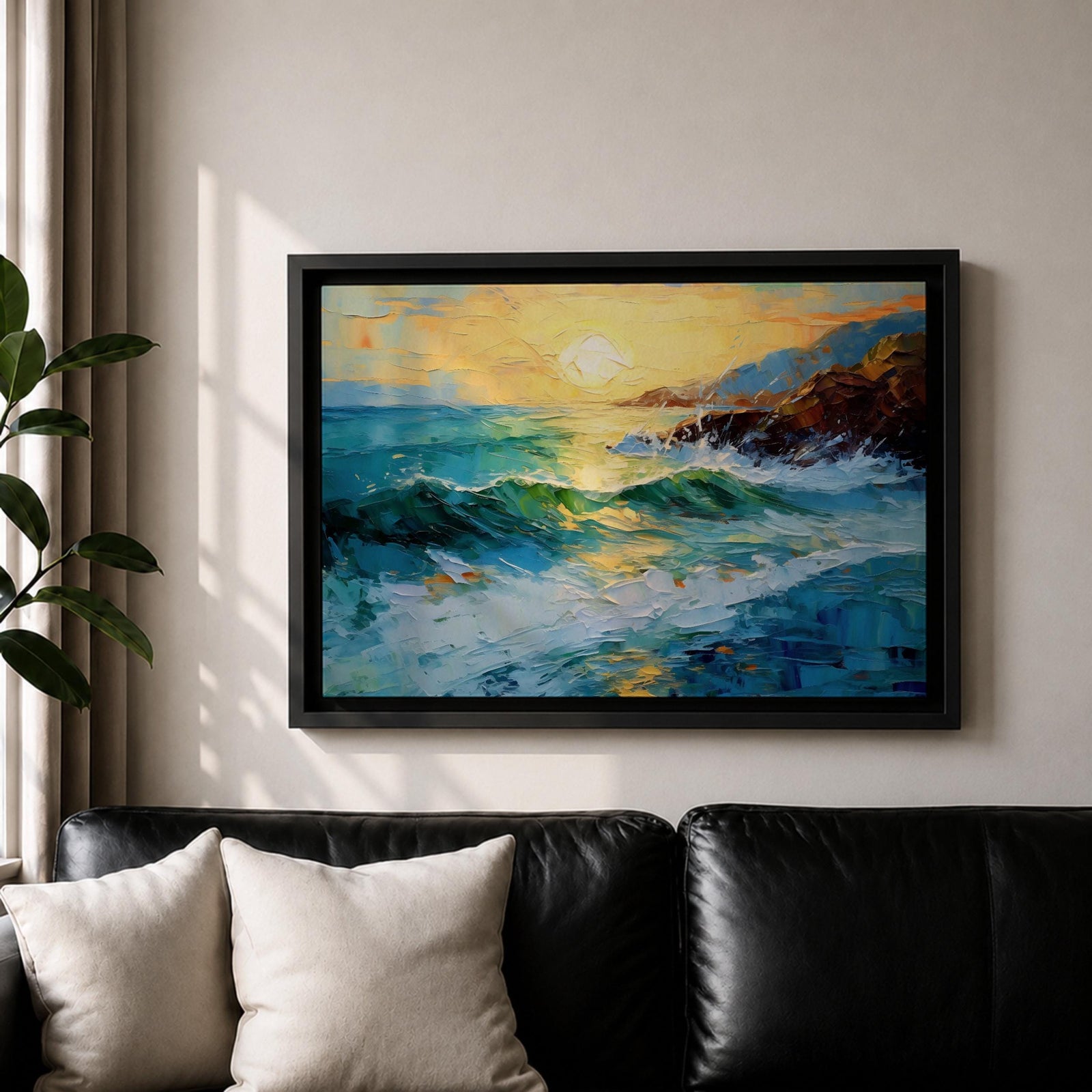 Ocean Sunrise Wall Art Seascape Framed Canvas Coastal Impasto Living Room Home Decor