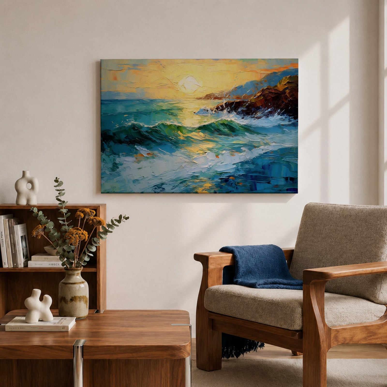 Ocean Sunrise Wall Art Seascape Framed Canvas Coastal Impasto Living Room Home Decor