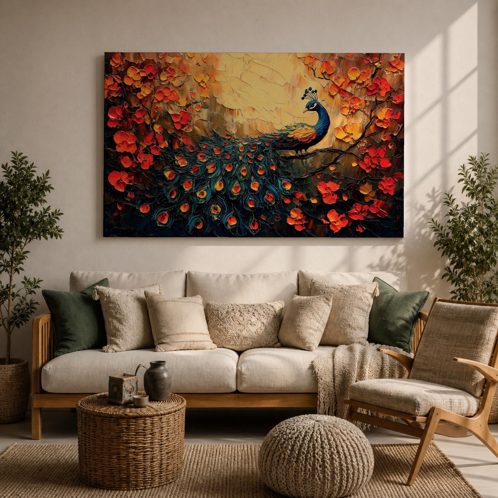 Peacock Wall Art Royal Feathers Framed Canvas Tropical Bird Impasto Boho Home Decor