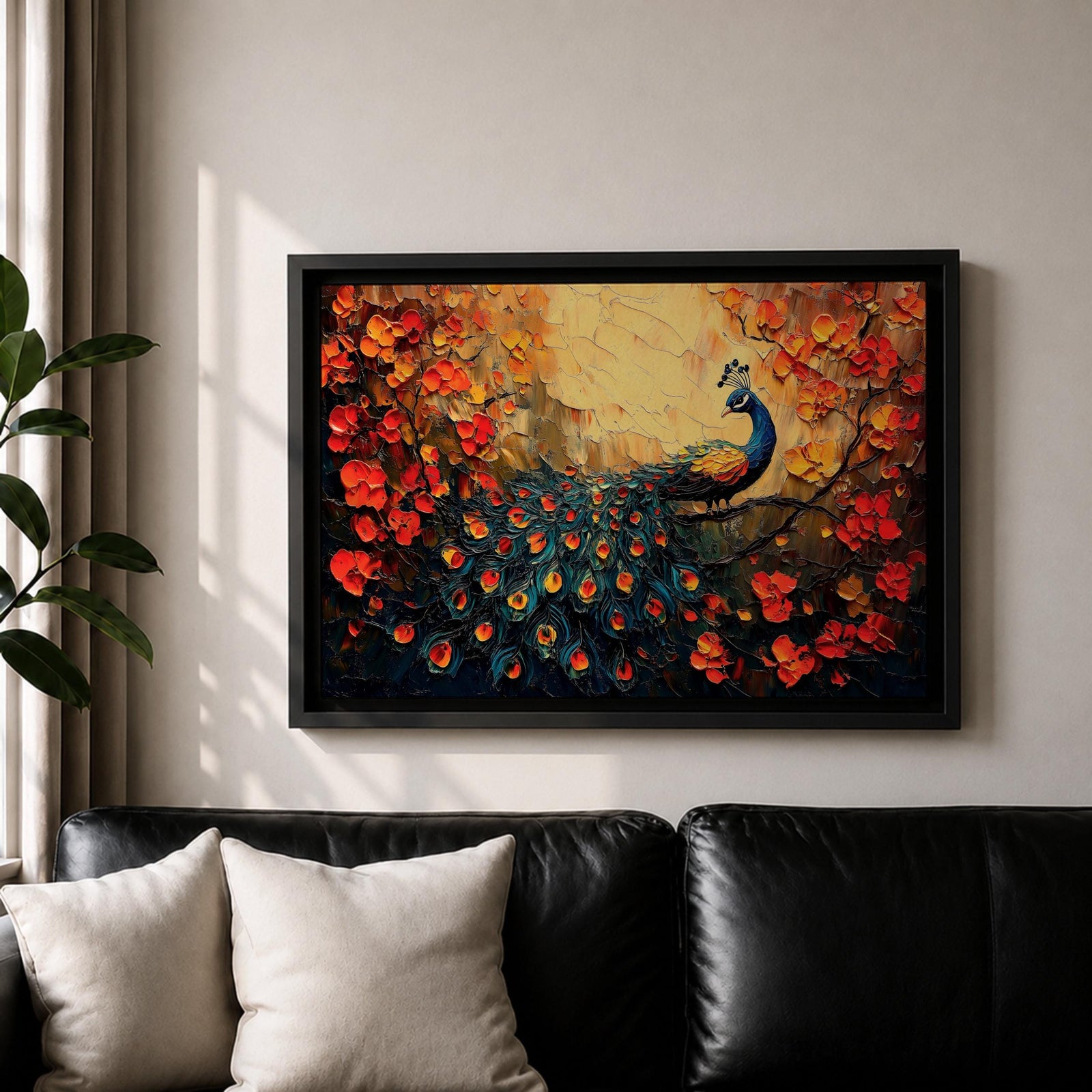 Peacock Wall Art Royal Feathers Framed Canvas Tropical Bird Impasto Boho Home Decor