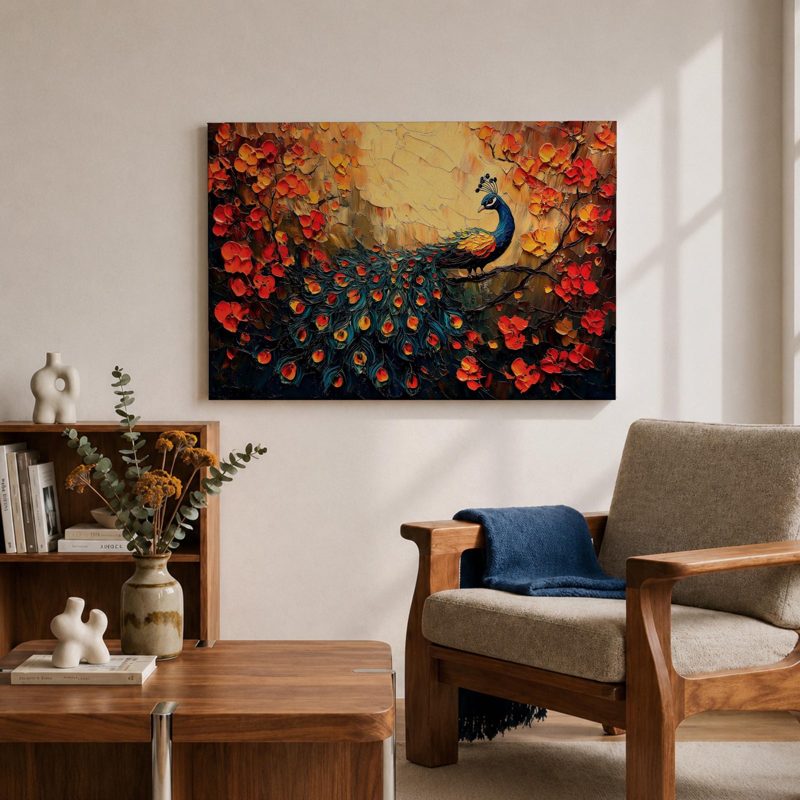 Peacock Wall Art Royal Feathers Framed Canvas Tropical Bird Impasto Boho Home Decor