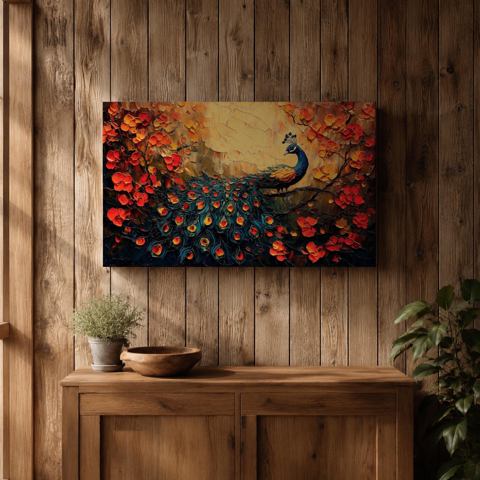 Peacock Wall Art Royal Feathers Framed Canvas Tropical Bird Impasto Boho Home Decor