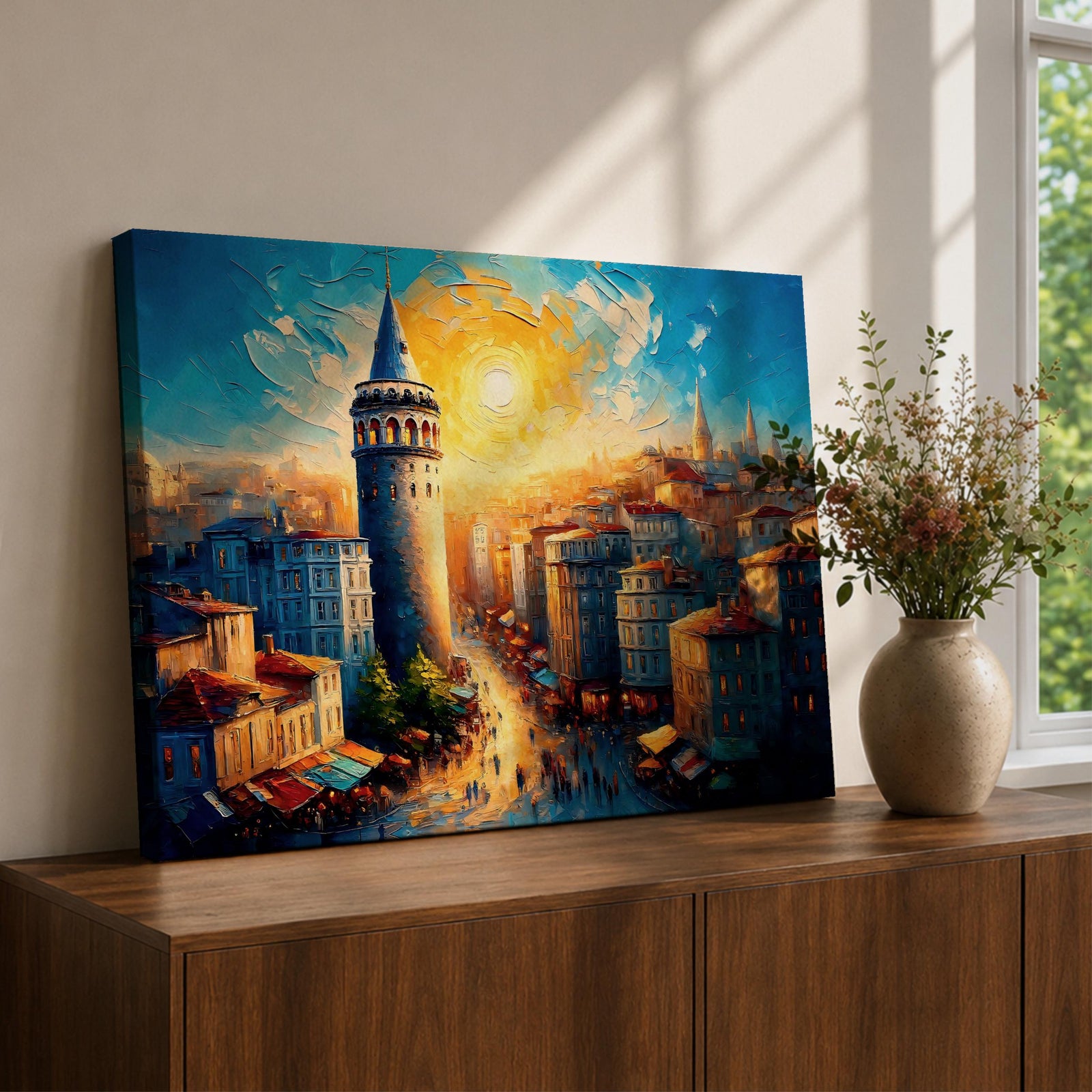 Galata Tower Wall Art Istanbul Skyline Framed Canvas Turkish Cityscape Impasto Architecture Decor