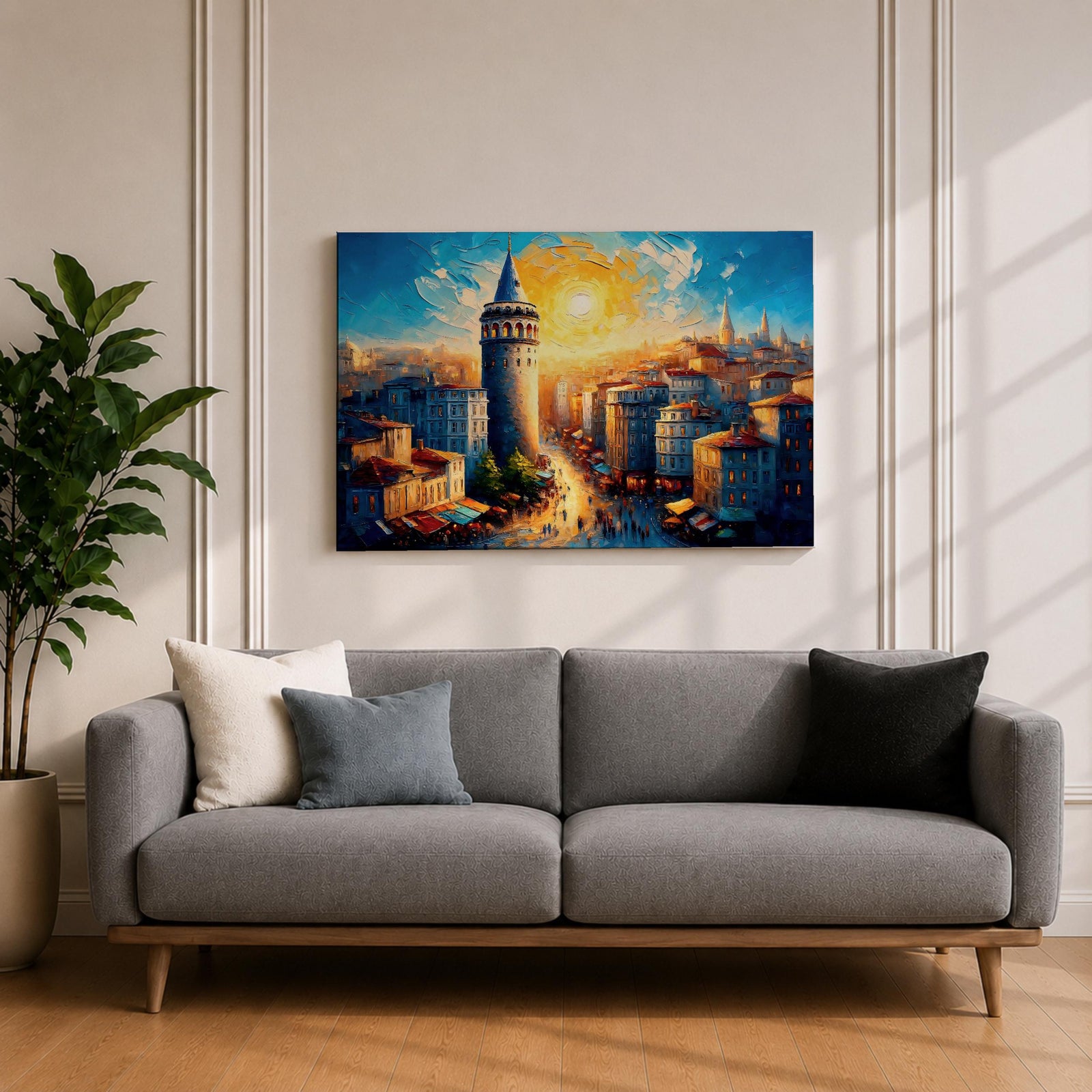 Galata Tower Wall Art Istanbul Skyline Framed Canvas Turkish Cityscape Impasto Architecture Decor