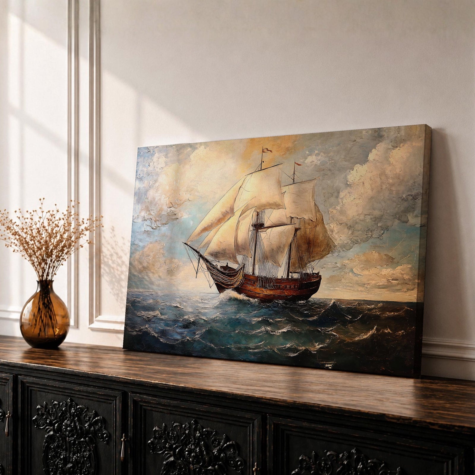 Sailing Ship Wall Art Galleon Framed Canvas Ocean Seascape Coastal Nautical Vintage Home Decor