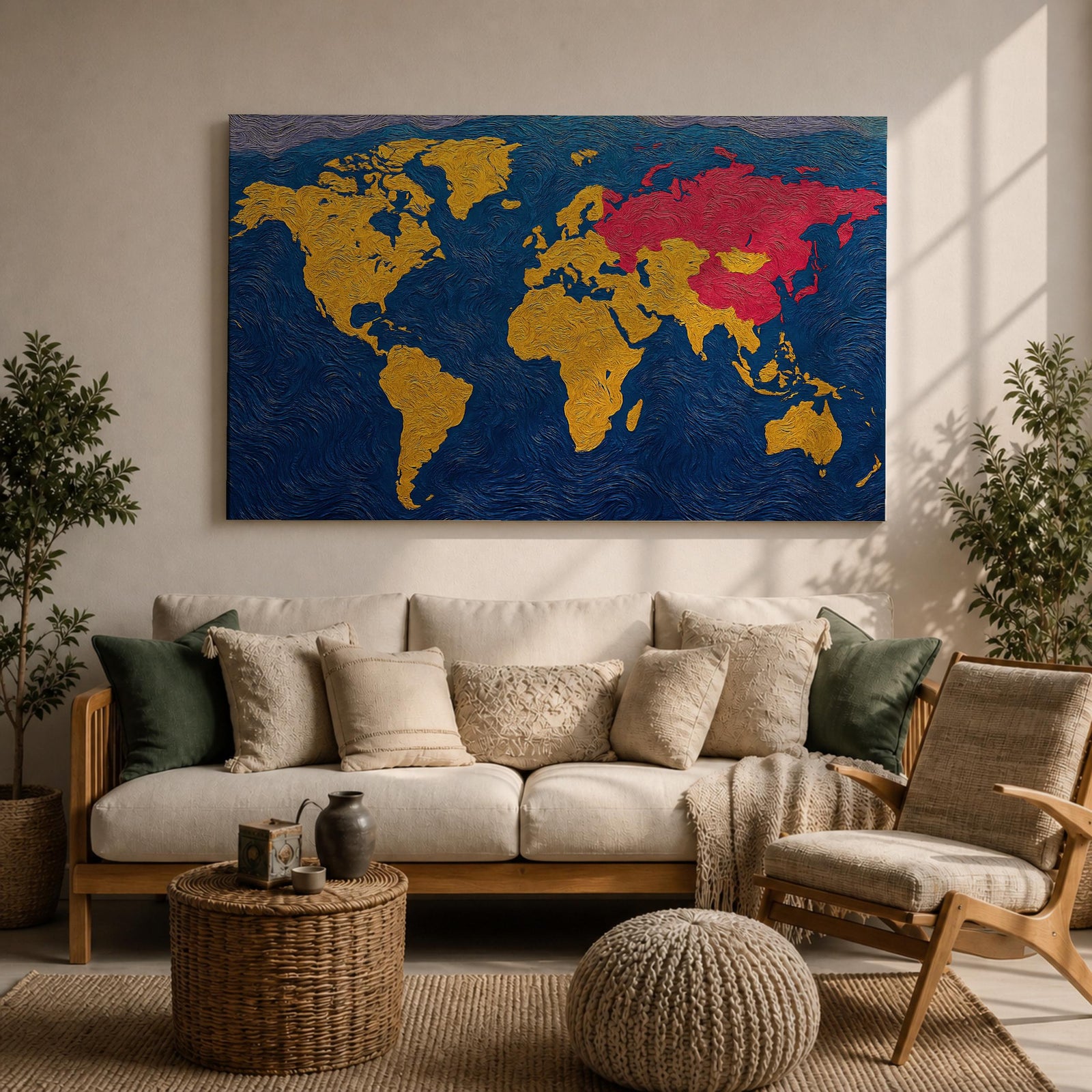 World Map Wall Art Global Atlas Framed Canvas Textured Geography Modern Travel Home Decor