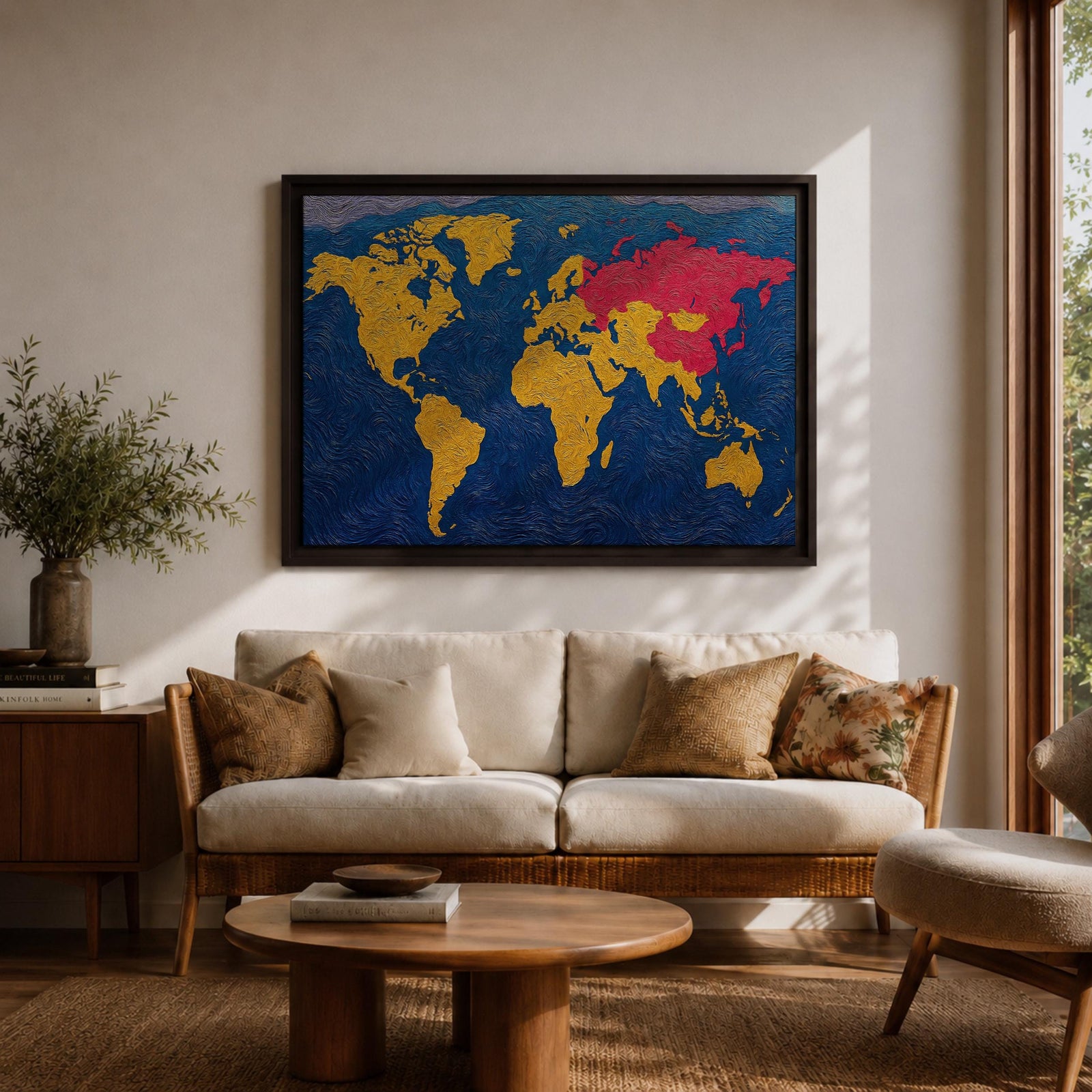 World Map Wall Art Global Atlas Framed Canvas Textured Geography Modern Travel Home Decor