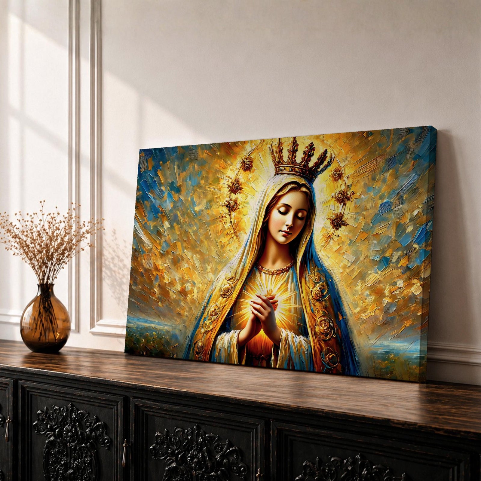 Sacred Heart of Mary Wall Art Blessed Virgin Framed Canvas Impasto Catholic Home Decor