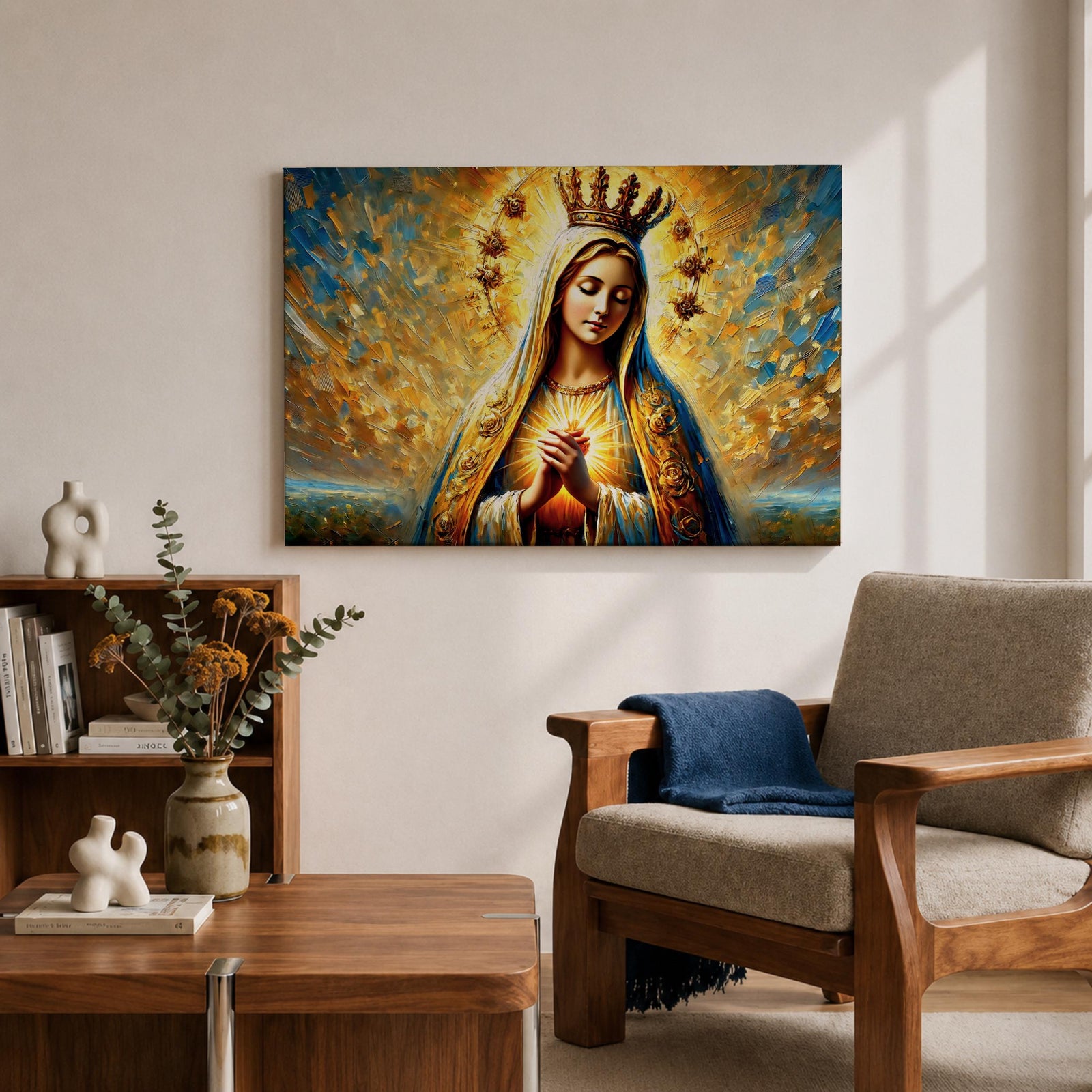 Sacred Heart of Mary Wall Art Blessed Virgin Framed Canvas Impasto Catholic Home Decor