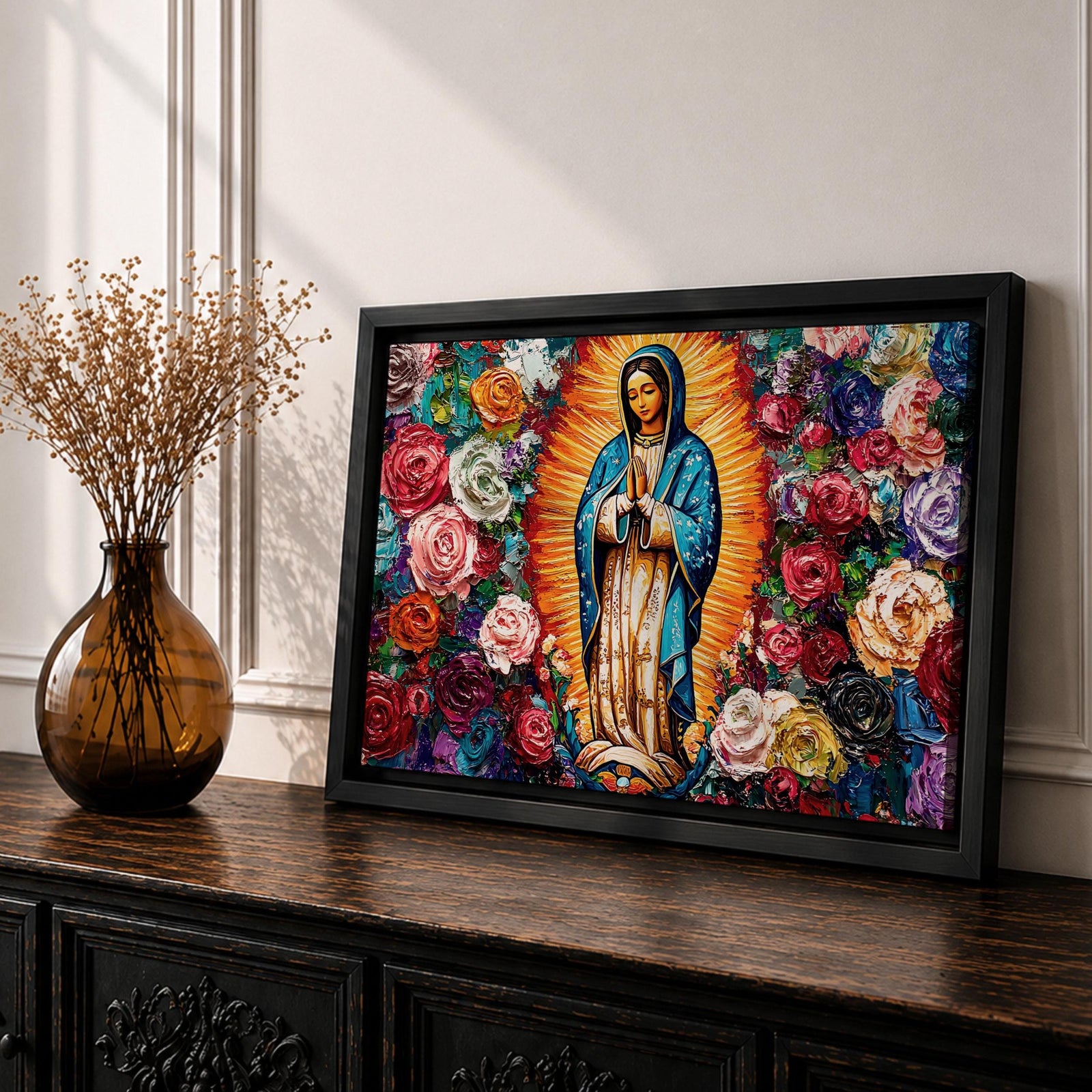 Our Lady of Guadalupe Wall Art La Guadalupana Framed Canvas Mexican Catholic Home Decor