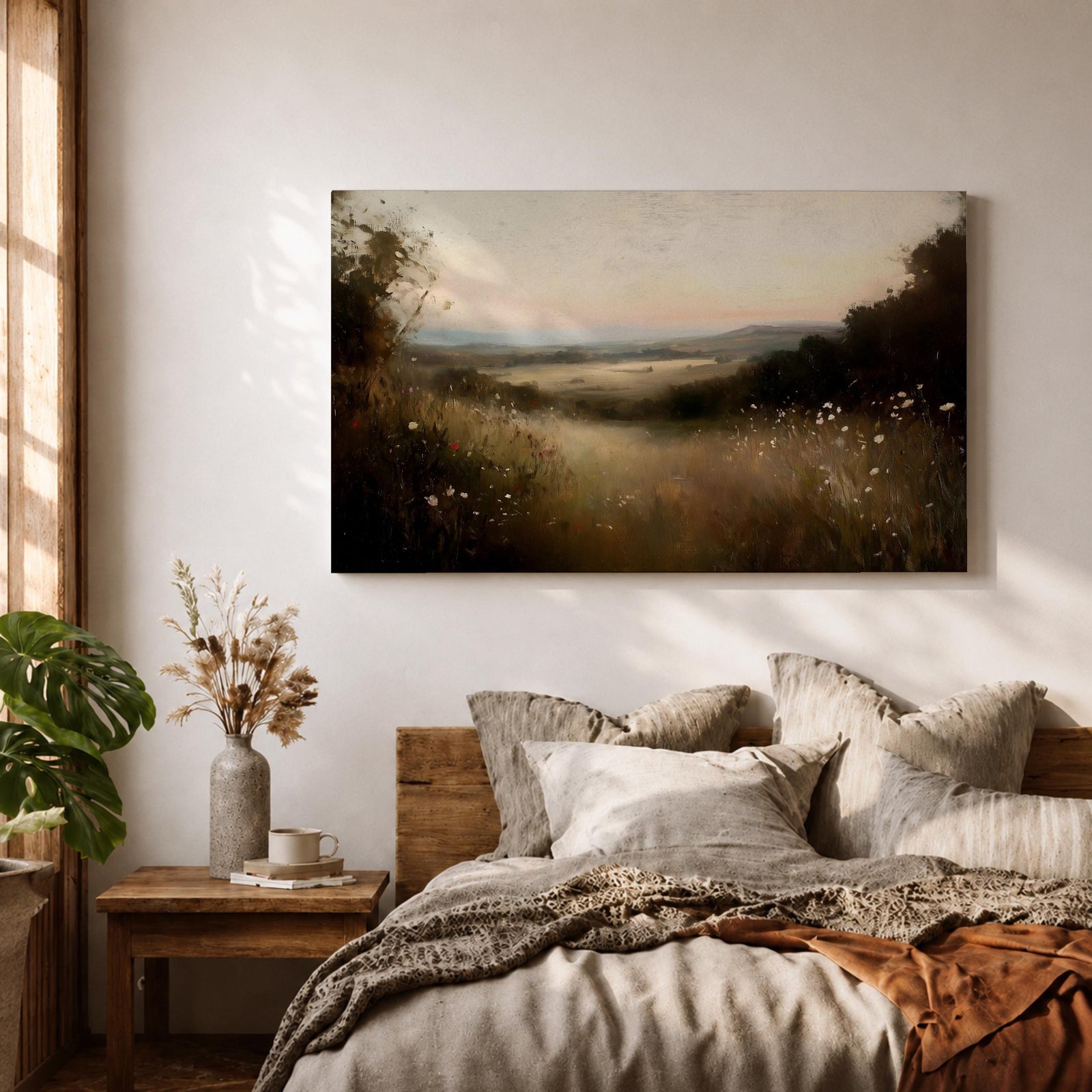 Meadow Wall Art Wildflower Field Framed Canvas Countryside Valley Rustic Farmhouse Home Decor