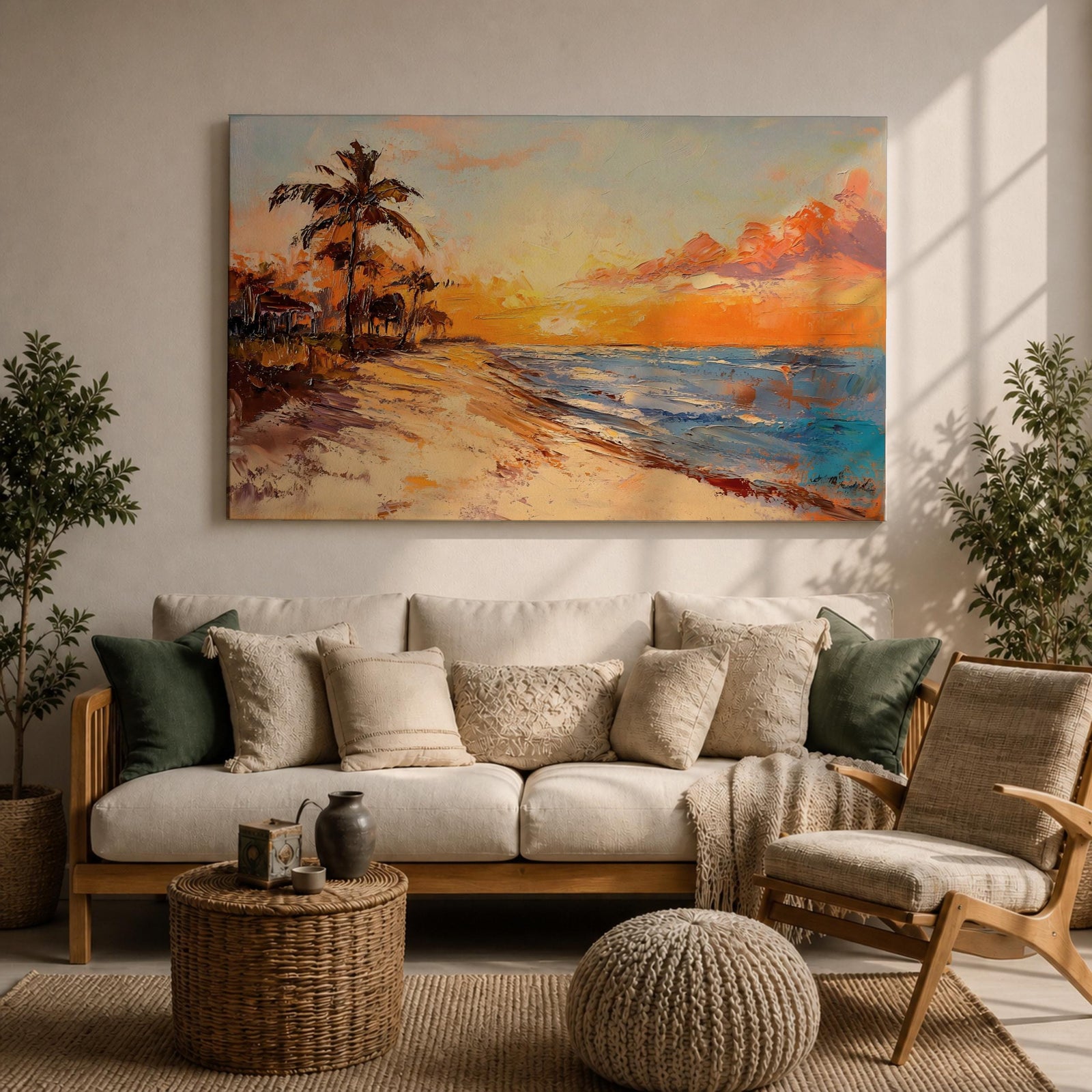 Tropical Sunset Beach Wall Art Florida Keys Framed Canvas Coastal Impasto Living Room Decor