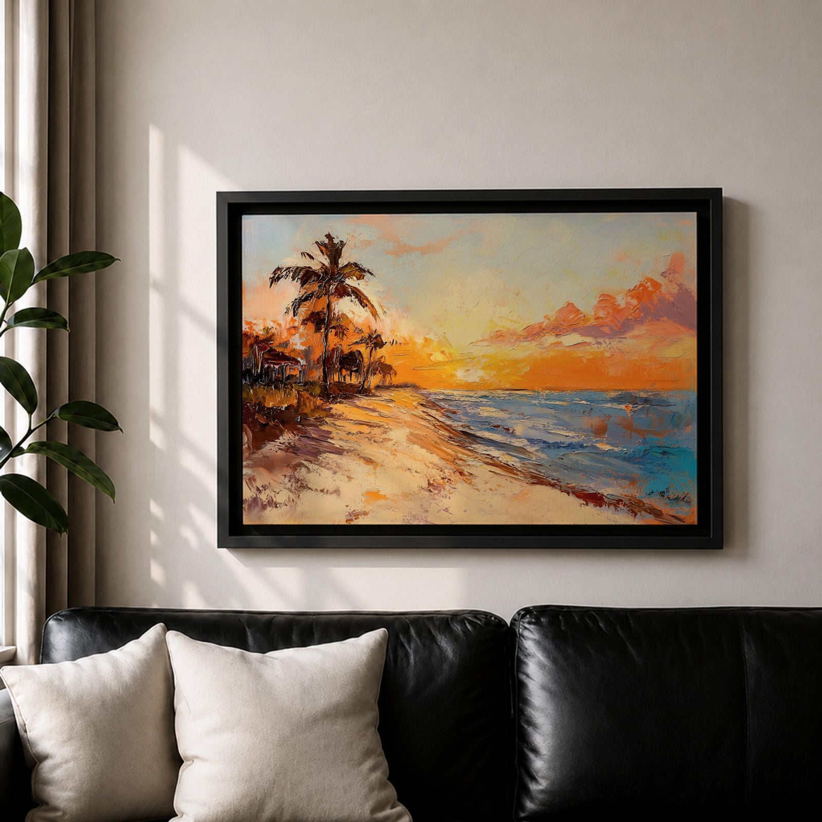 Tropical Sunset Beach Wall Art Florida Keys Framed Canvas Coastal Impasto Living Room Decor
