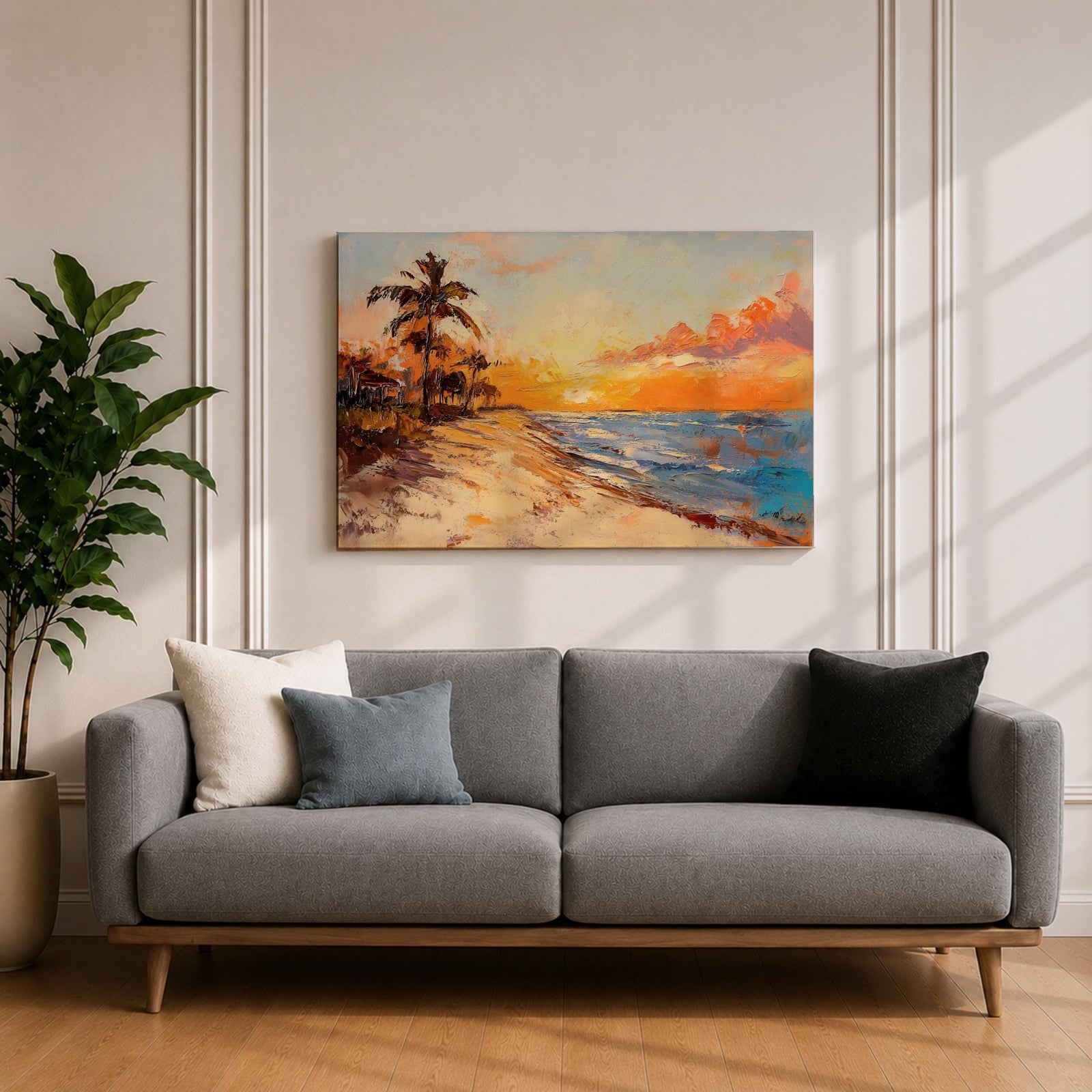 Tropical Sunset Beach Wall Art Florida Keys Framed Canvas Coastal Impasto Living Room Decor